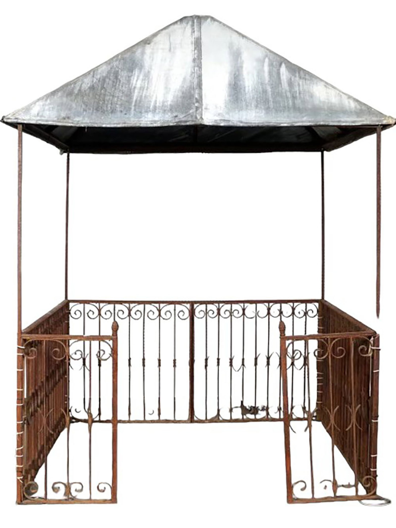 Wrought iron garden gazebo with zinc top: Wrought Iron garden gazebo with zinc top. Approx 74" square x 10 feet h