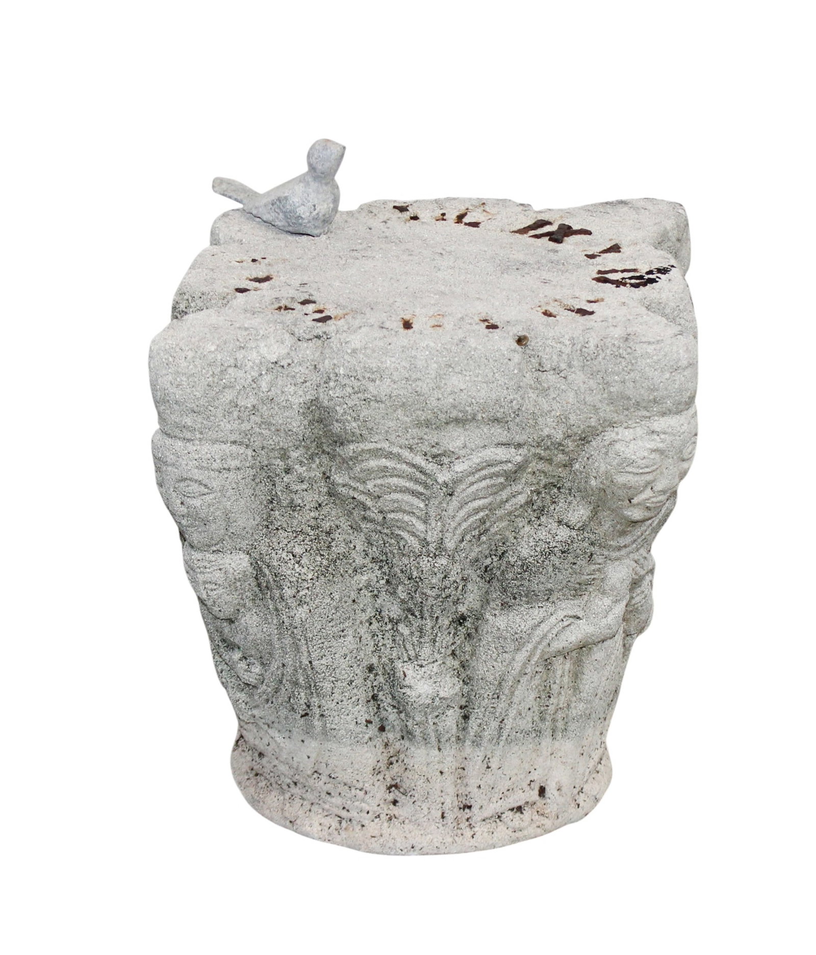 Cut stone garden sundial with figures and lead bird gnomen (1 of 7)
