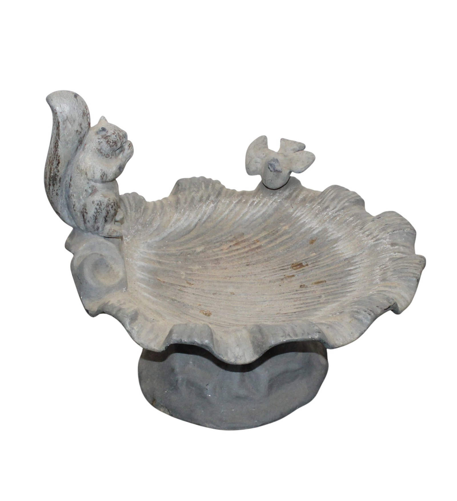English lead bird bath with scallop shell, squirrel and bird (1 of 8)