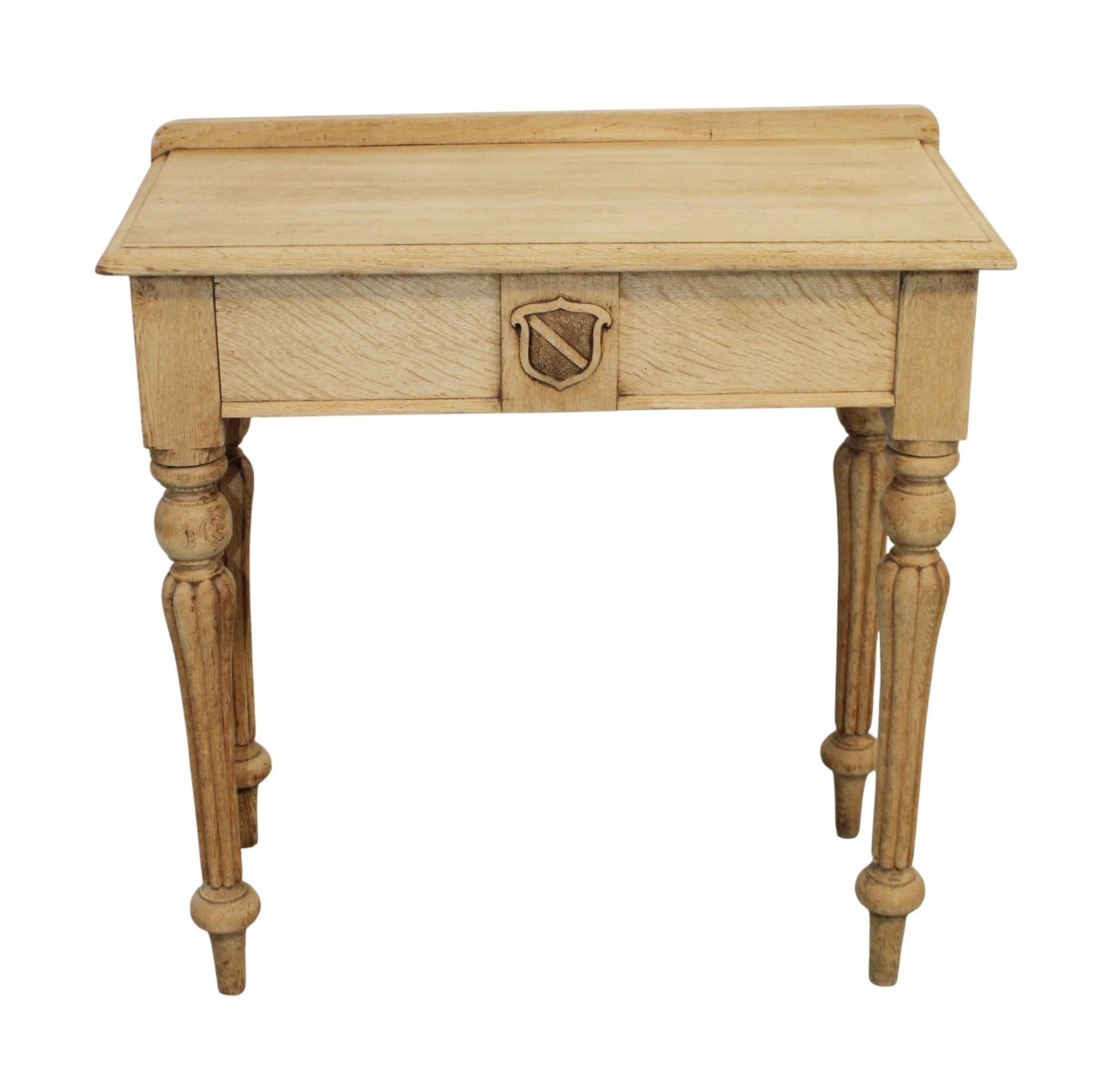 French bleached oak console table on fluted legs with carved shield on center drawer (1 of 10)