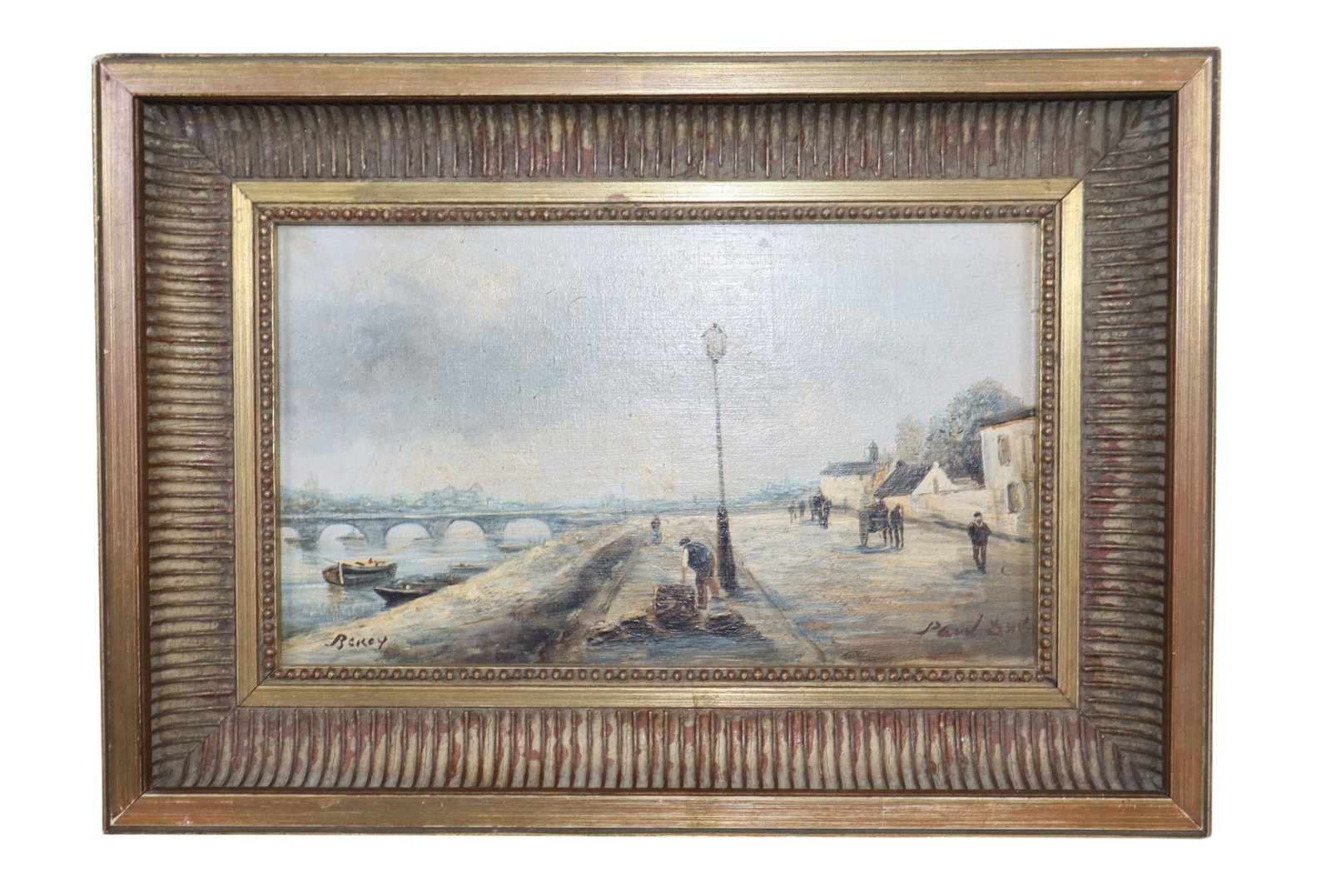 Diminutive French oil on board painting of Bercy, France: Diminutive French oil on board painting of Bercy, France. Artist Signed l/r. 9"h x 12 1/2"w, sight: 5 1/4"h x 9"w. Weight 2lbs
