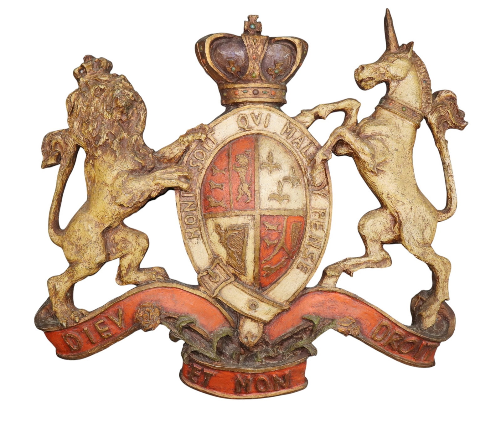 United Kingdom royal crest in cast fiberglass: United Kingdom royal crest in cast fiberglass. Marked J. Segura '65. 29"h x 32"w x 2 1/2"d Weight: 10lbs