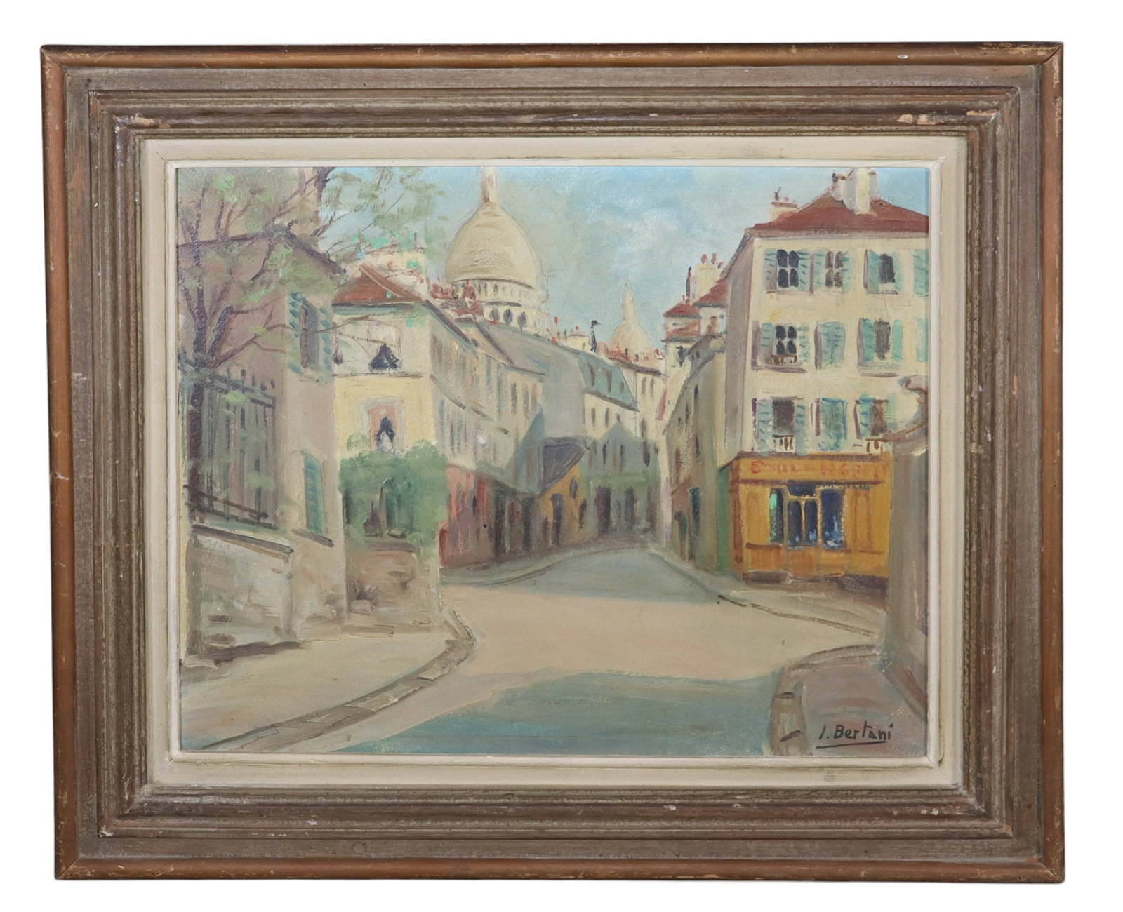 French oil on board painting of Montmartre: French oil on board painting of Montmartre in Paris. Signed l/r. Mid 20th century. Overall: 20"h x 23 3/8"w Sight: 14 1/8"h x 17 1/2"w Weight: 3.5lbs