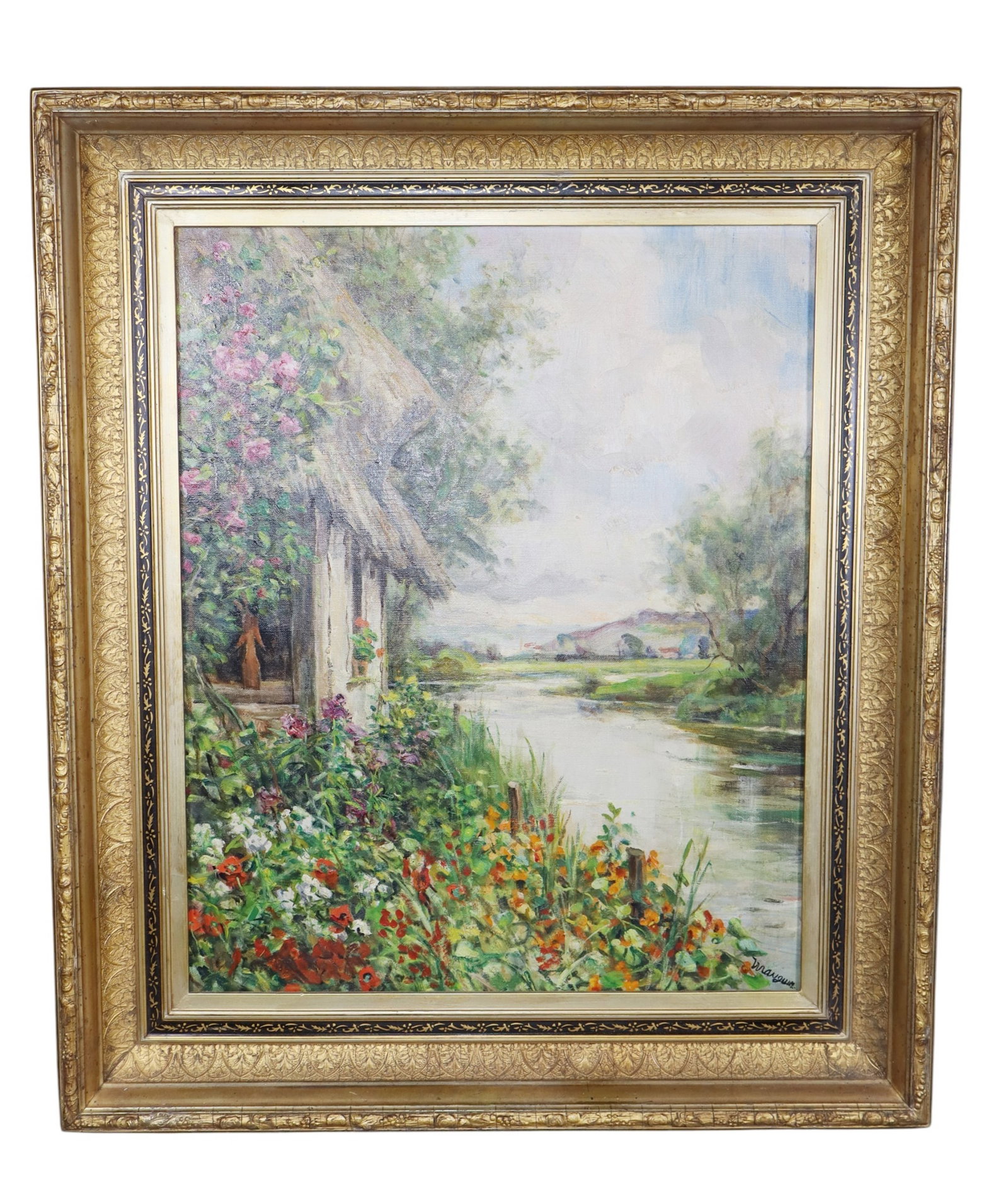 French oil on canvas painting landscape with cottage along river: French oil on canvas painting landscape with cottage along river. Signed l/r Manguin. Overall: 28 1/4"h x 24 1/4"w Sight: 21 1/2"h x 17 1/2"w Weight: 9lbs