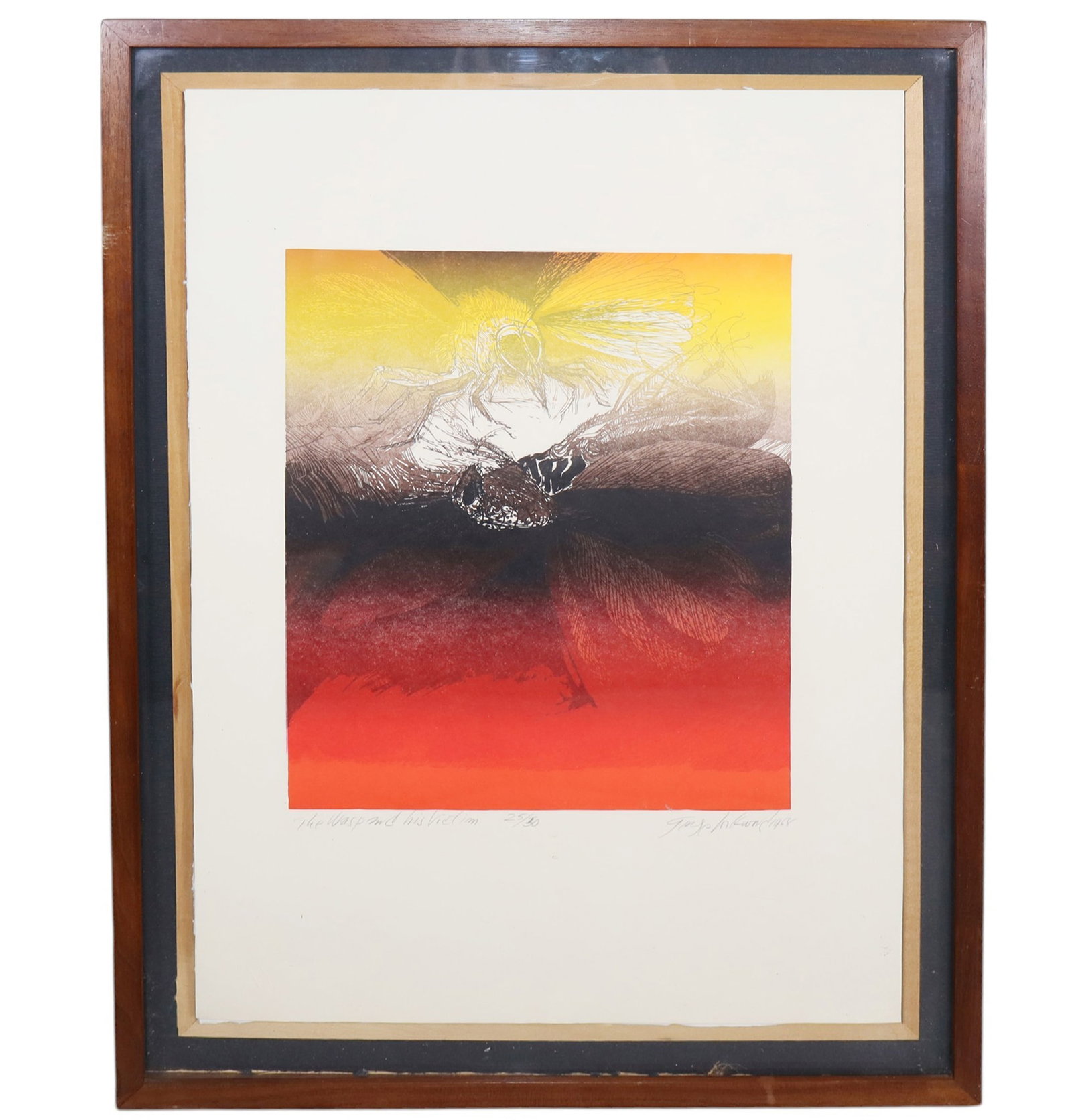 George Lockwood, (American, 1929-1969) "The Wasp and His Victim" signed lithograph: George Lockwood, (American, 1929-1969) "The Wasp and His Victim" signed lithograph Signed l/r - George Lockwood (1929-1969). Dated 1968. Overall: 19 3/4"h x 14 3/4"w x 1 3/8"d. Sight: 10 1/8"h x 8 3/8