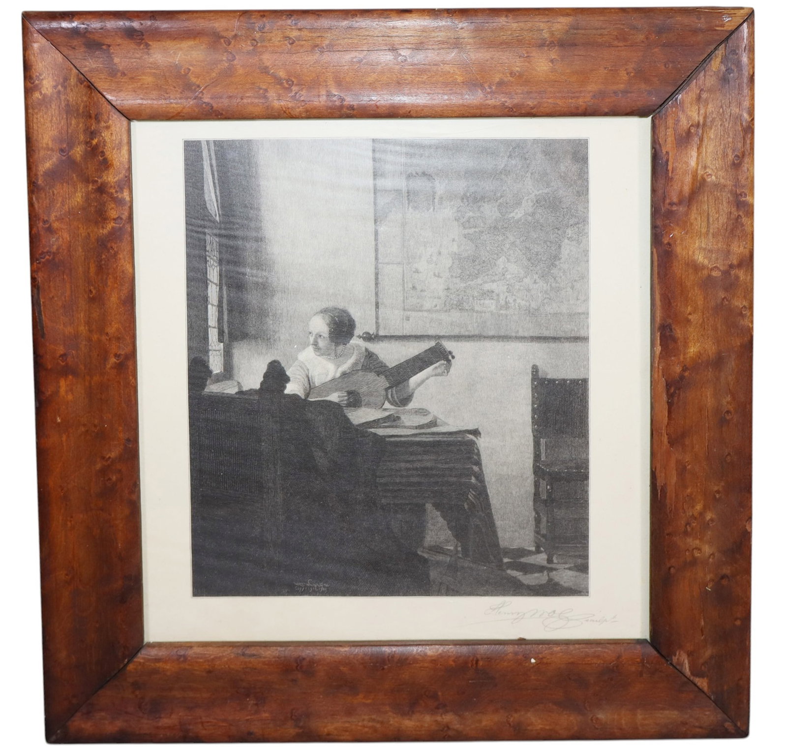 American framed etching of woman playing lute: American framed etching of woman playing lute. Signed l/r - Henry Wolf (1852-1916). Overall: 13"h x 11 1/2"w x 1 1/4"d. Sight: 8"h x 6 7/8"w. Weight: 1lb