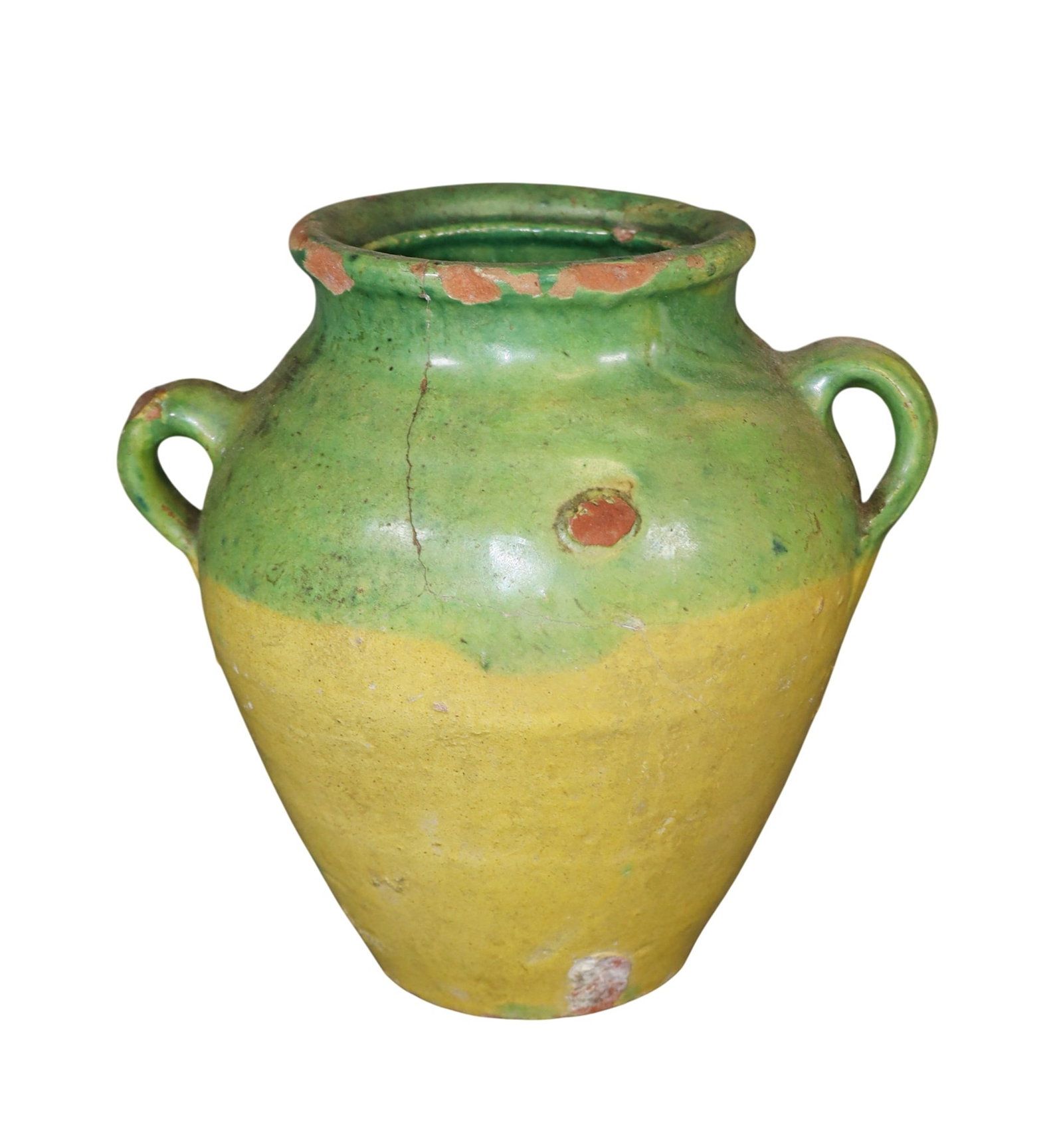 French glazed terra cotta confit pot in green and yellow (1 of 7)