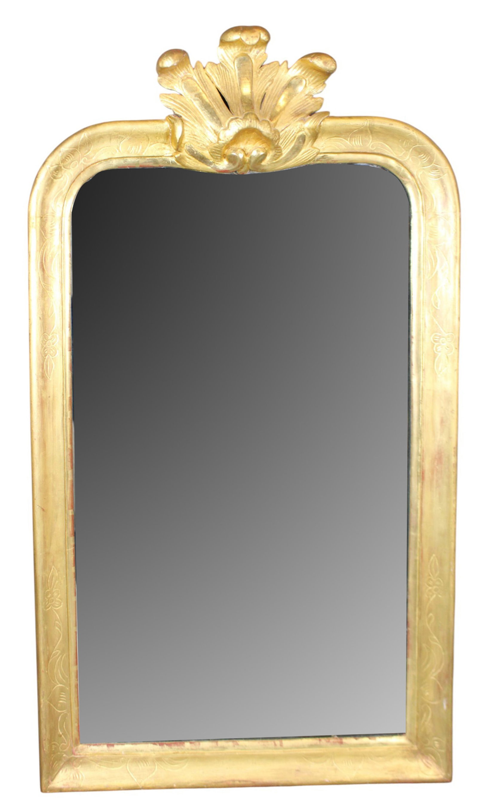French Louis Philippe gilt mirror with rocaille shell: French Louis Philippe gilt mirror with rocaille shell