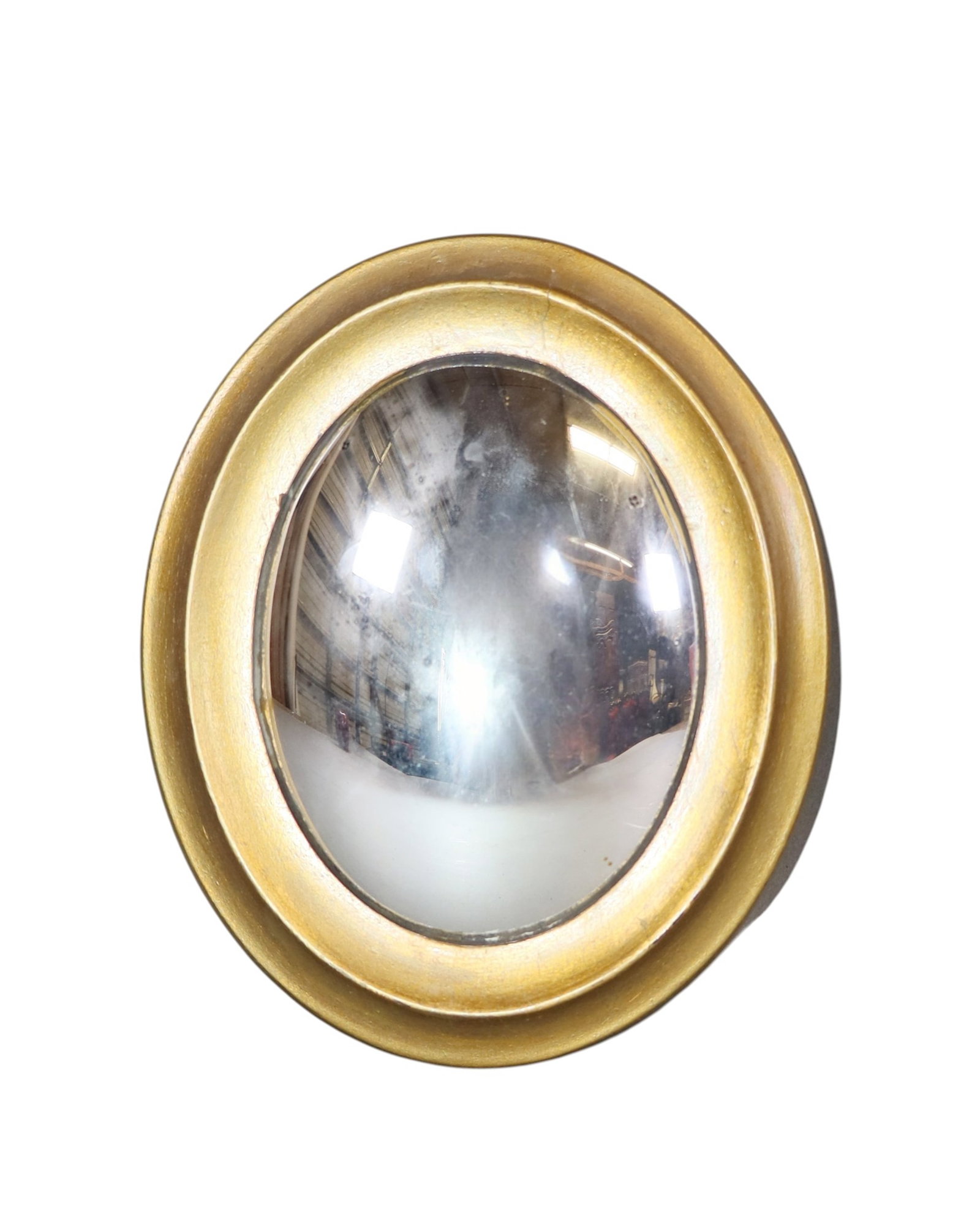 Miniature French oval mirror with convex glass: Miniature French oval mirror with convex glass and gilt frame. Mid 20th century. 7 1/4"h x 6"w. Weight <1lb