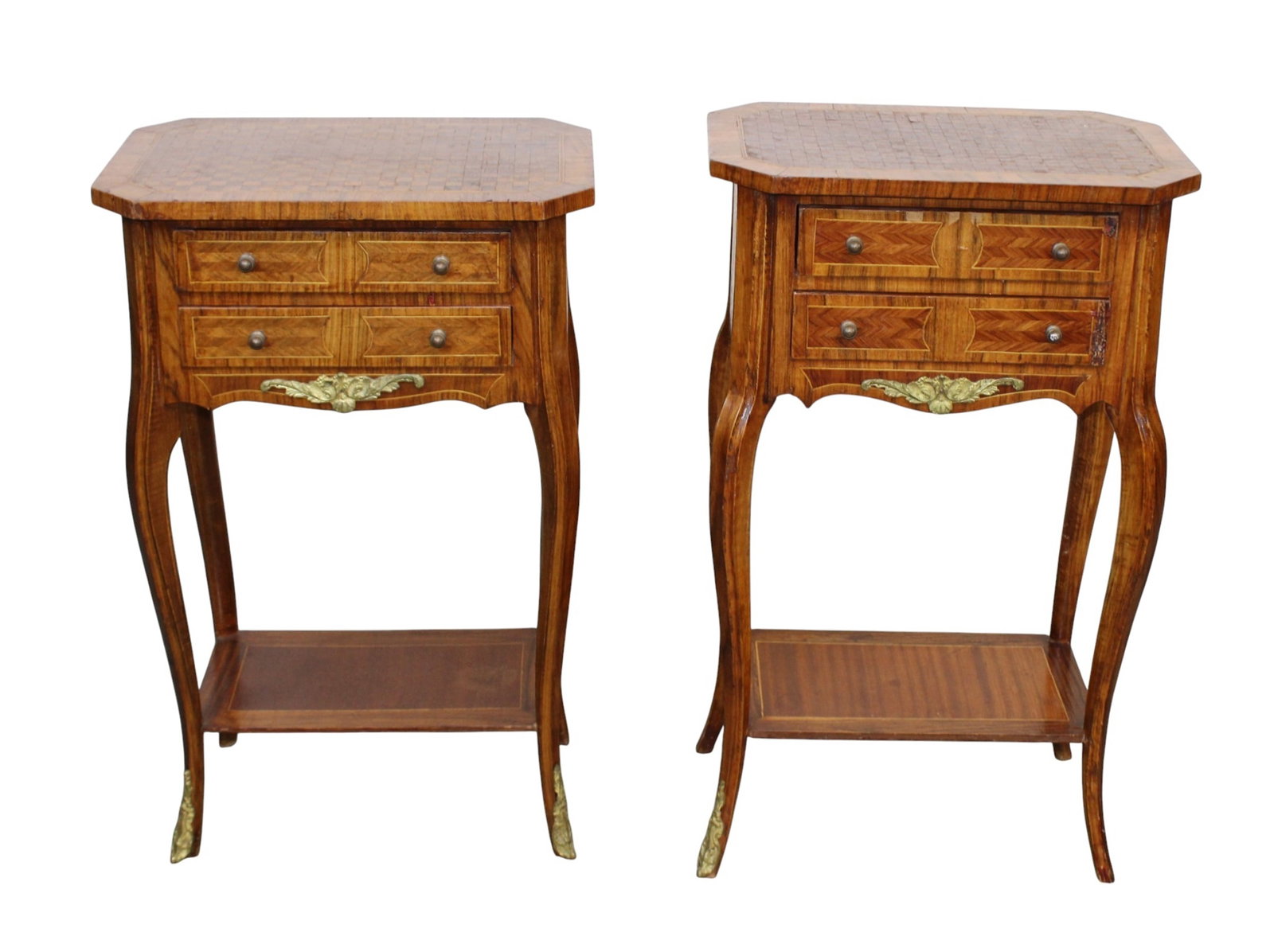 Companion pair of Louis XVI style marquetry side tables: Companion pair of Louis XVI style marquetry side tables. 28 "h x 17 1/4"w x 11 1/4"d and 27"h x 17 1/4"w x 11 1/4"d