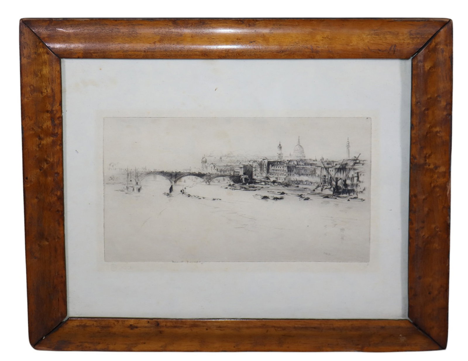 Frederick Farrell (English, 1882-1935) etching Below London Bridge: Frederick Farrell (English, 1882-1935) etching Below London Bridge. In burled wood frame. 12 1/4"h x 14 1/2"w Sight: 5 3/8"h x 9"w Weight: 2lbs