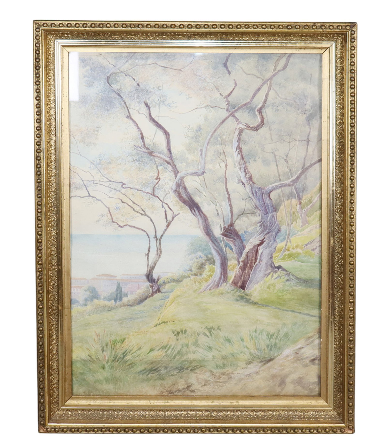 Italian watercolor on paper painting "Olives Trees Near Hotel Angst near Bordighera, Italy": Italian watercolor on paper painting "Olives Trees Near Hotel Angst near Bordighera, Italy." Unsigned. Overall: 26 7/8"h x 20 1/4"w x 1 1/2"d. Sight: 22 7/8"h x 16"w. Weight: 7lbs