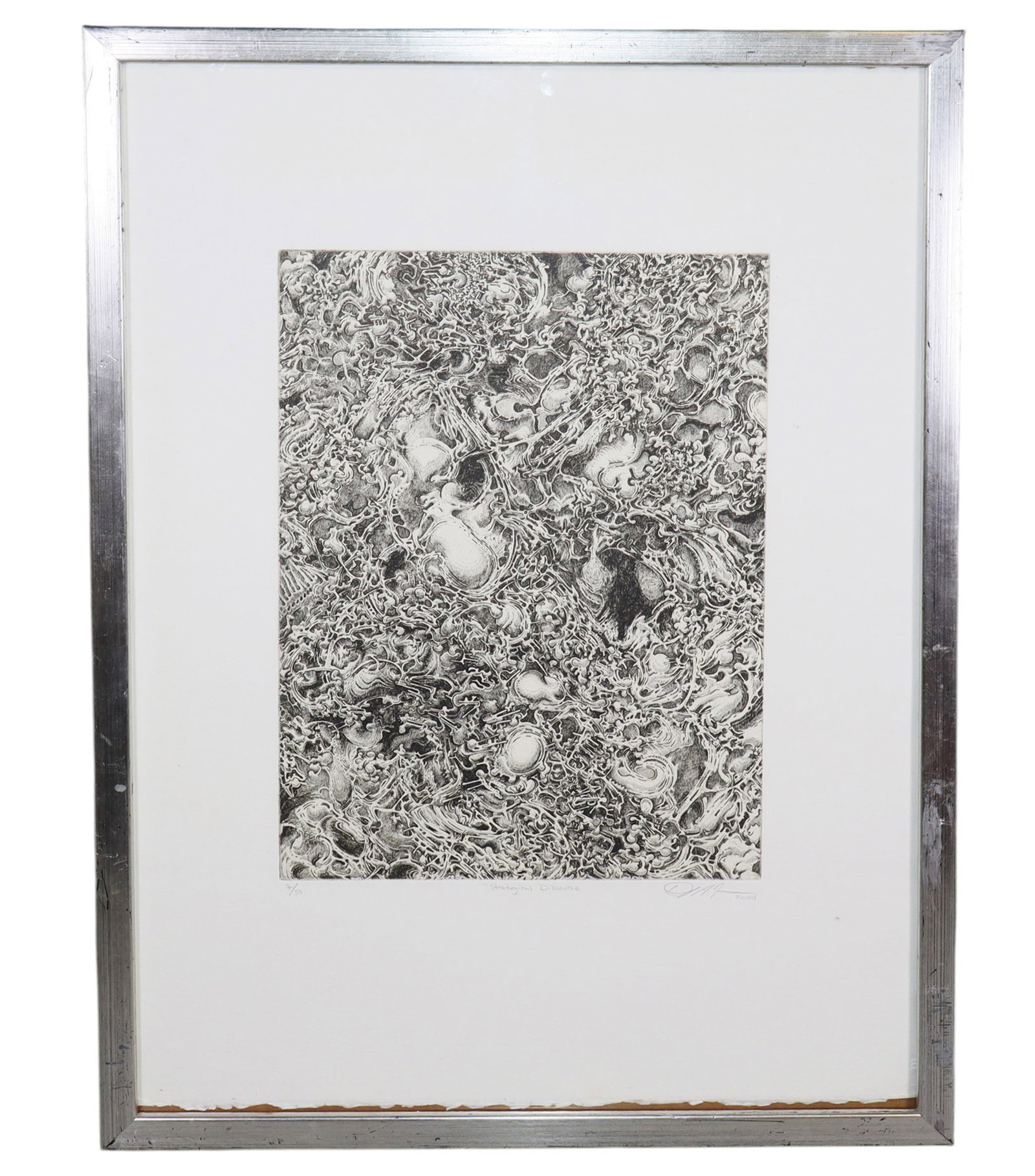 Framed etching "Strategical Discourse": Framed etching "Strategical Discourse". Signed and dated l/r Illegible, 2004. Overall: 24 1/2"h x 17 3/4"w x 3/4"d. Sight: 13 5/8"h x 10"w. Weight: 3lbs