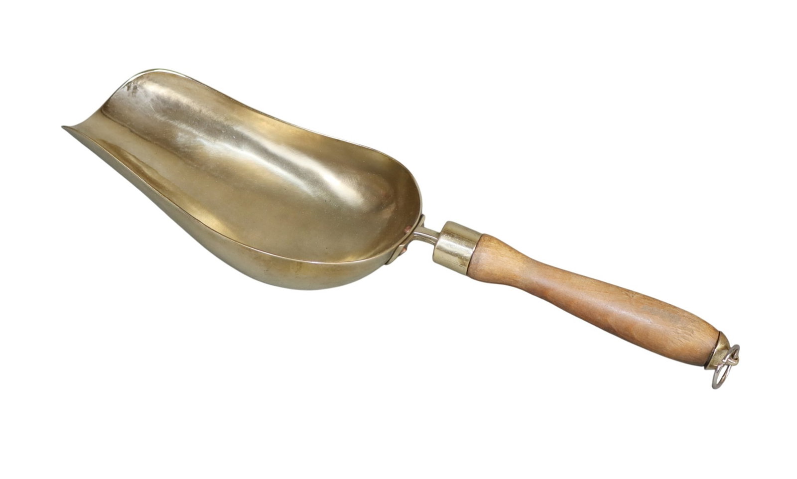 French brass nut scoop with wooden handle: French brass nut scoop with wooden handle. 17"l x 5"w 2"h Weight: 1lb