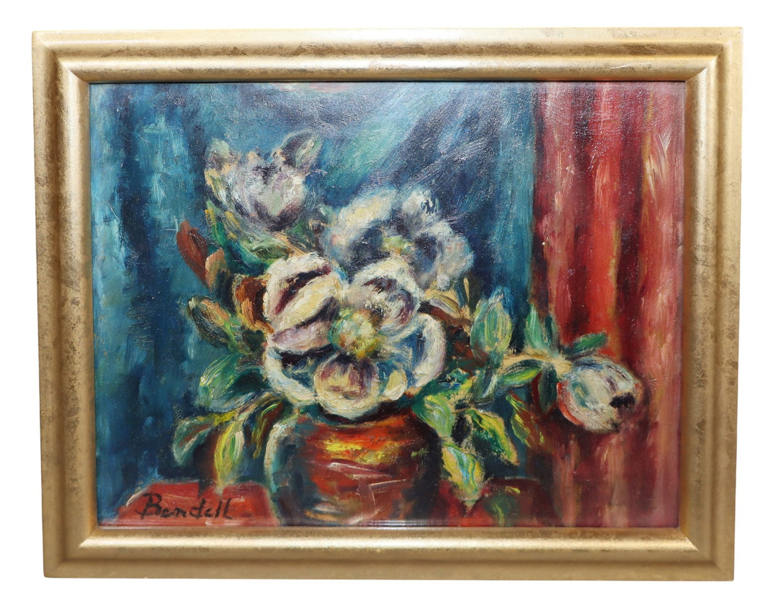 American oil on canvas painting still life with flowers: American oil on canvas painting still life with flowers. Signed l/l Bendell- Marilyn Bendell (1921-2003). Overall: 9 1/2"h x 11 1/2"w x 1/2"d. Sight: 7 5/8"h x 9 5/8"w. Weight: 2lbs