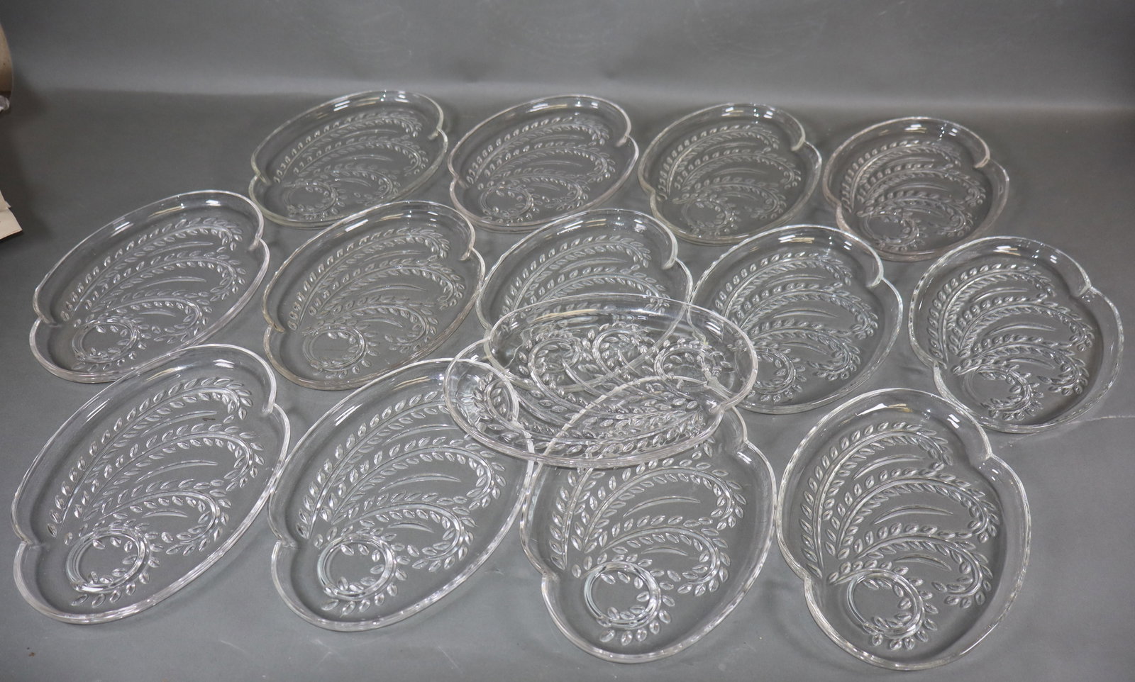 Set of 14 Mid-century Federal Glass Homestead snack plate: Set of 14 Mid-Century Federal Glass Homestead snack plate featuring a molded wheat pattern. 10"x 7" oval. Total weight: 18lbs