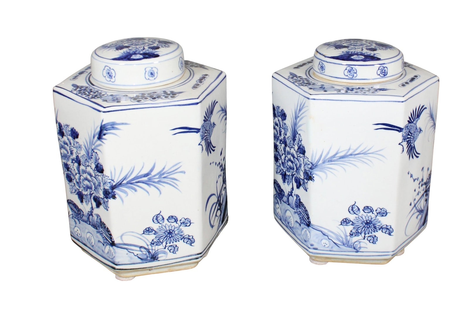 Pair of Chinese blue and white ceramic hexagonal ginger jars (1 of 11)
