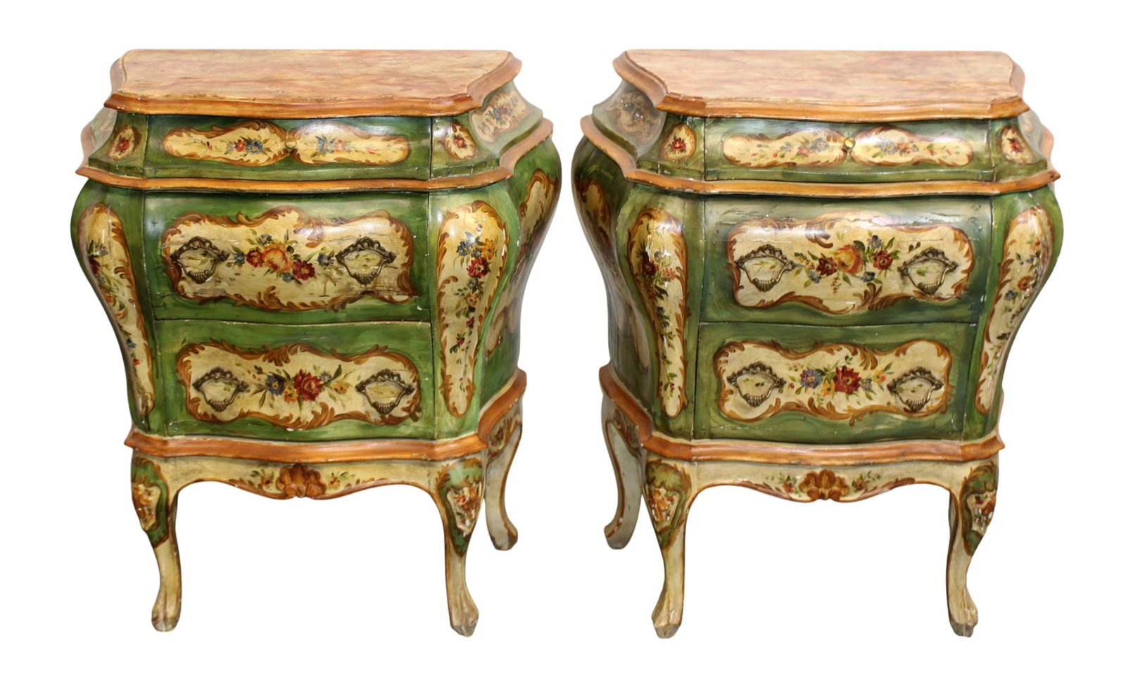 Pair of Italian Venetian painted 2 drawer bombe commodes (1 of 9)