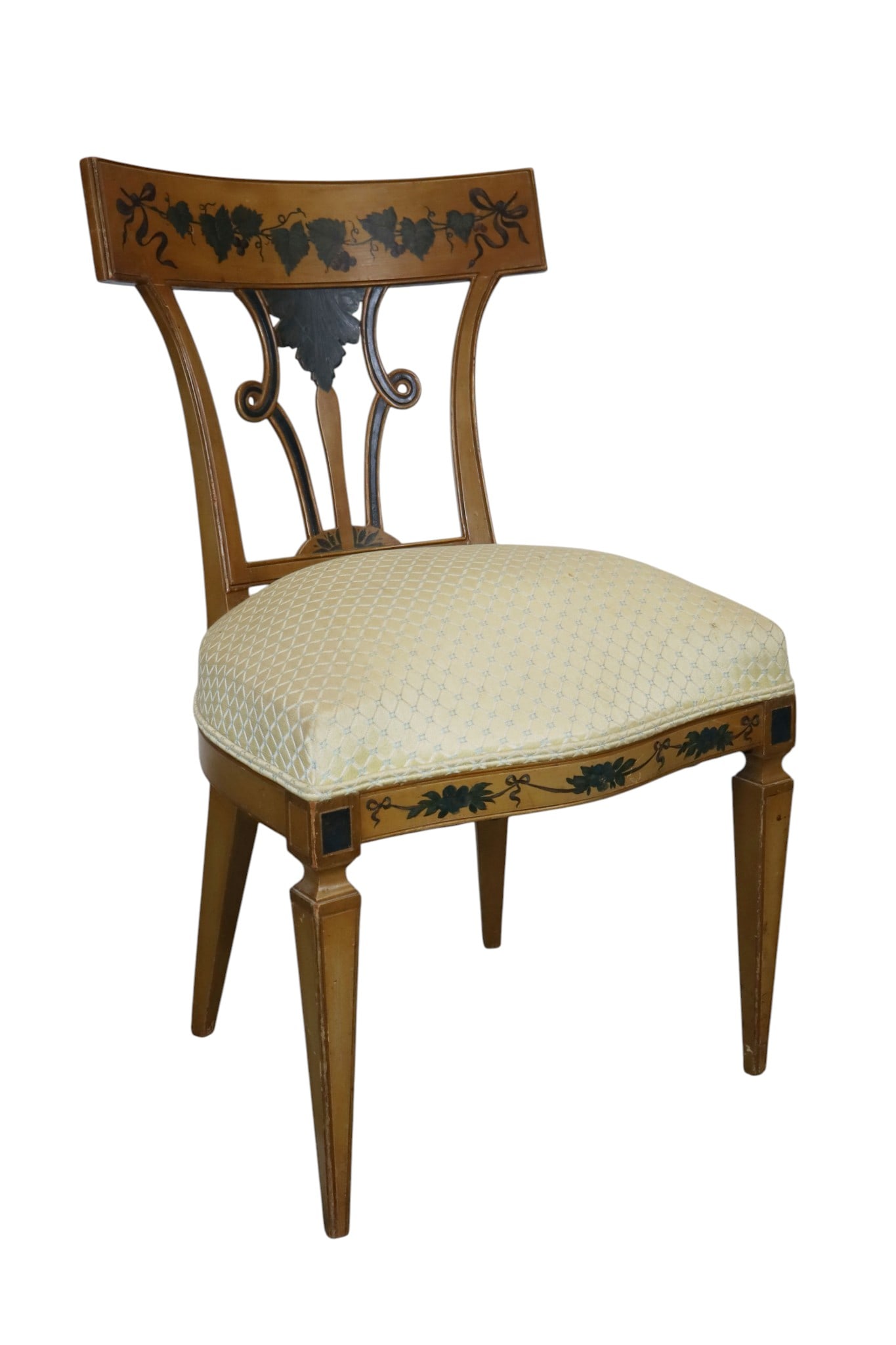 Neoclassical side chair with pierce carved back: Neoclassical side chair with pierce carved back and painted grapevine motif 35"h x 20"w x 15"d, seat height: 21"h