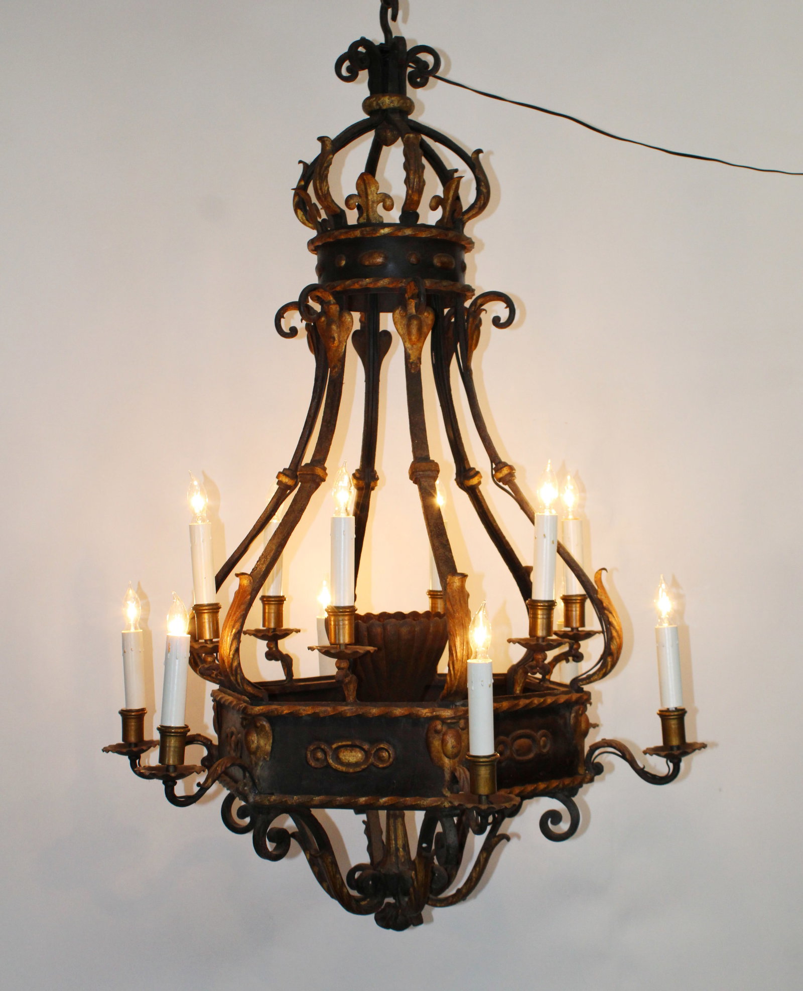 French wrought iron 12-light crown chandelier with gilded accents (1 of 9)
