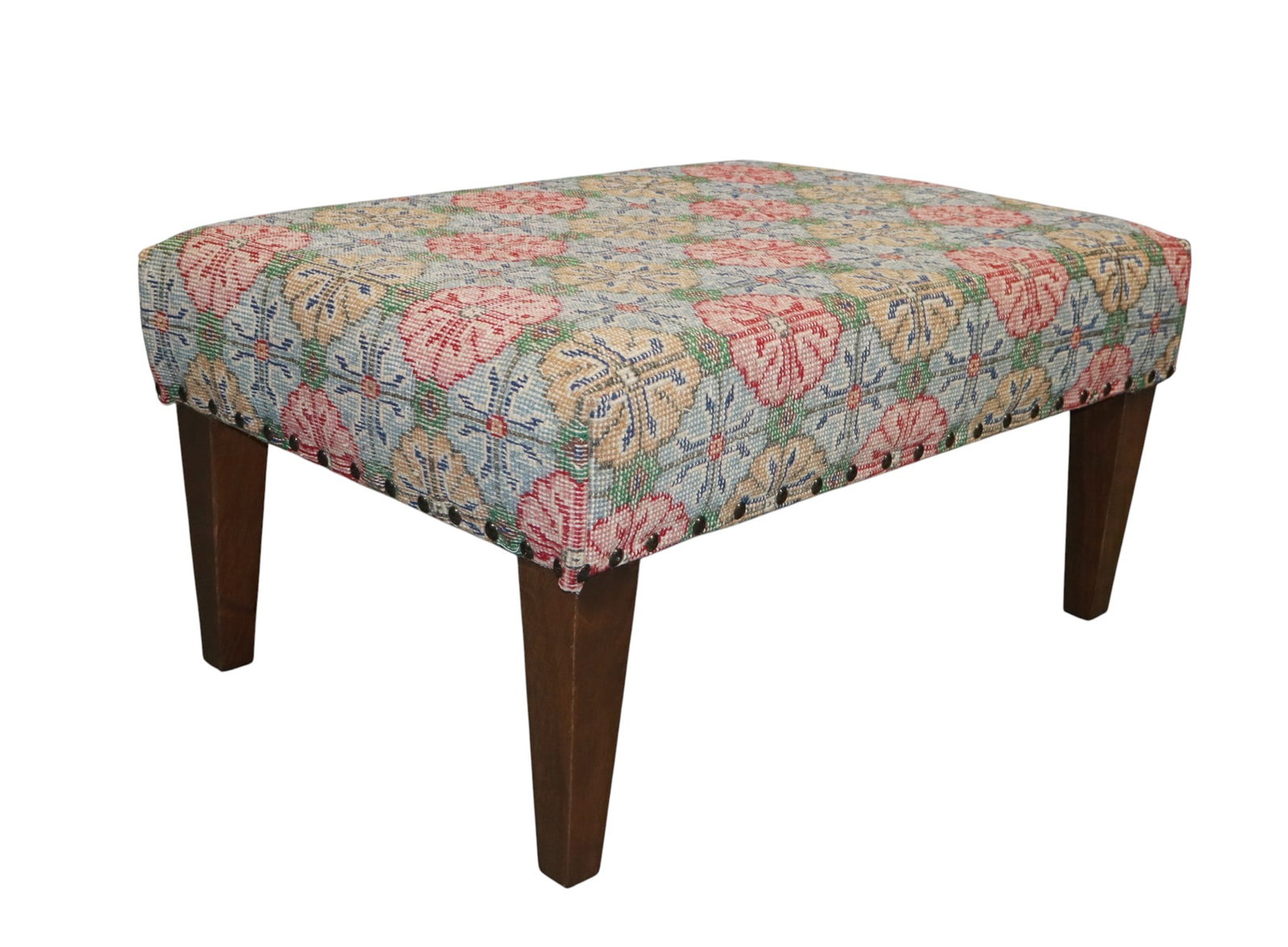 Kilim rug upholstered ottoman with nail head trim: Kilim rug upholstered ottoman with nail head trim 18"h x 36"w x 25"d