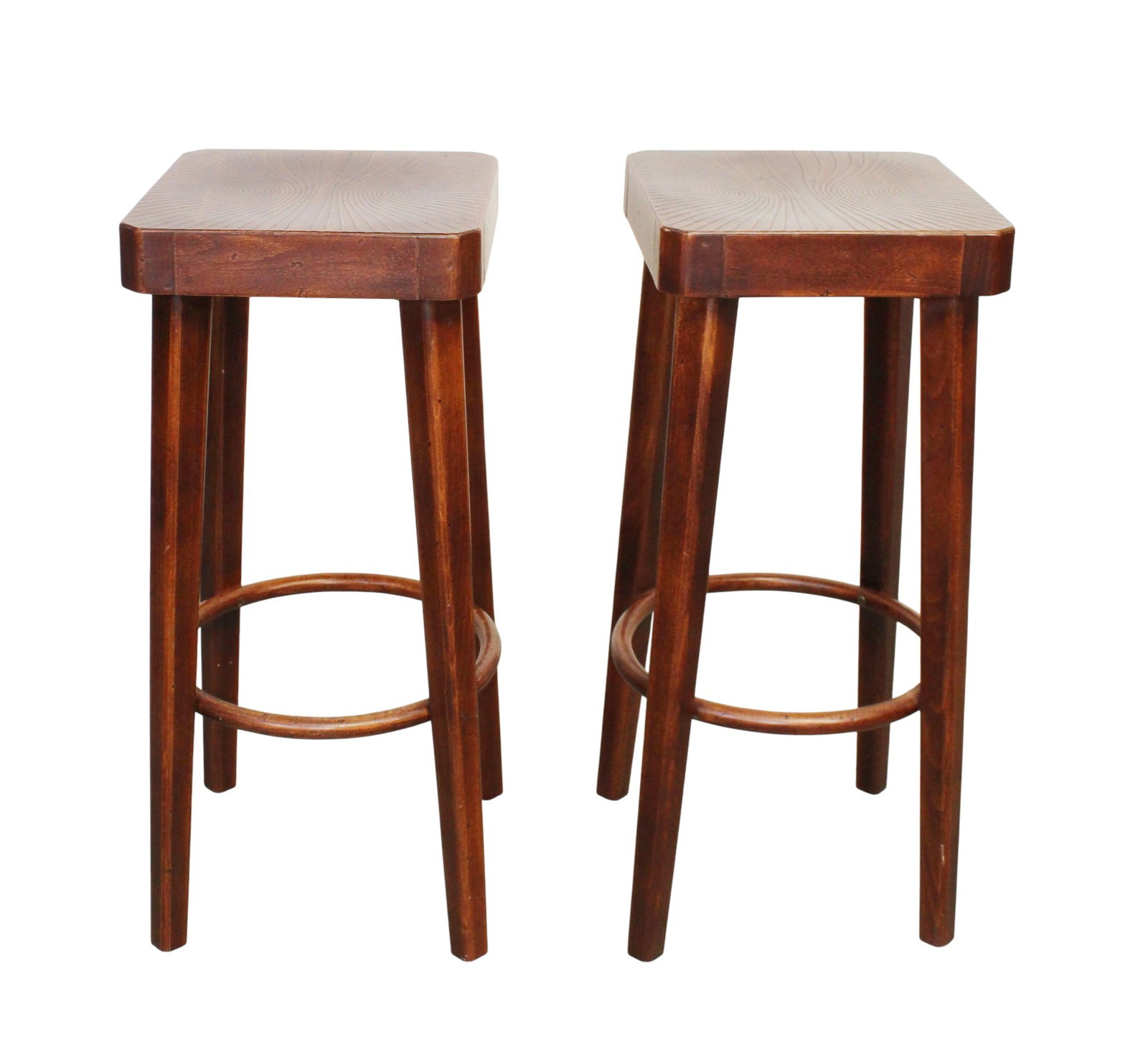 Pair of Dutch Hutten Art Deco bar stools: Pair of Dutch Hutten Art Deco bar stools with carved geometric seats. Marked with label under seat. Mid 20th century. 28 5/8"h x 12 1/2"square at seat