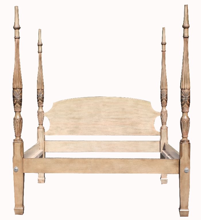 Queen sized white washed 4 poster bed