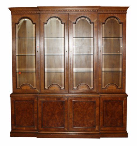 Henredon 4-door breakfront bookcase: From the 18th century Portfolio collection. Beveled glass doors. Inlaid sunburst detailing. 84"h x 77"w x 14 1/2"d