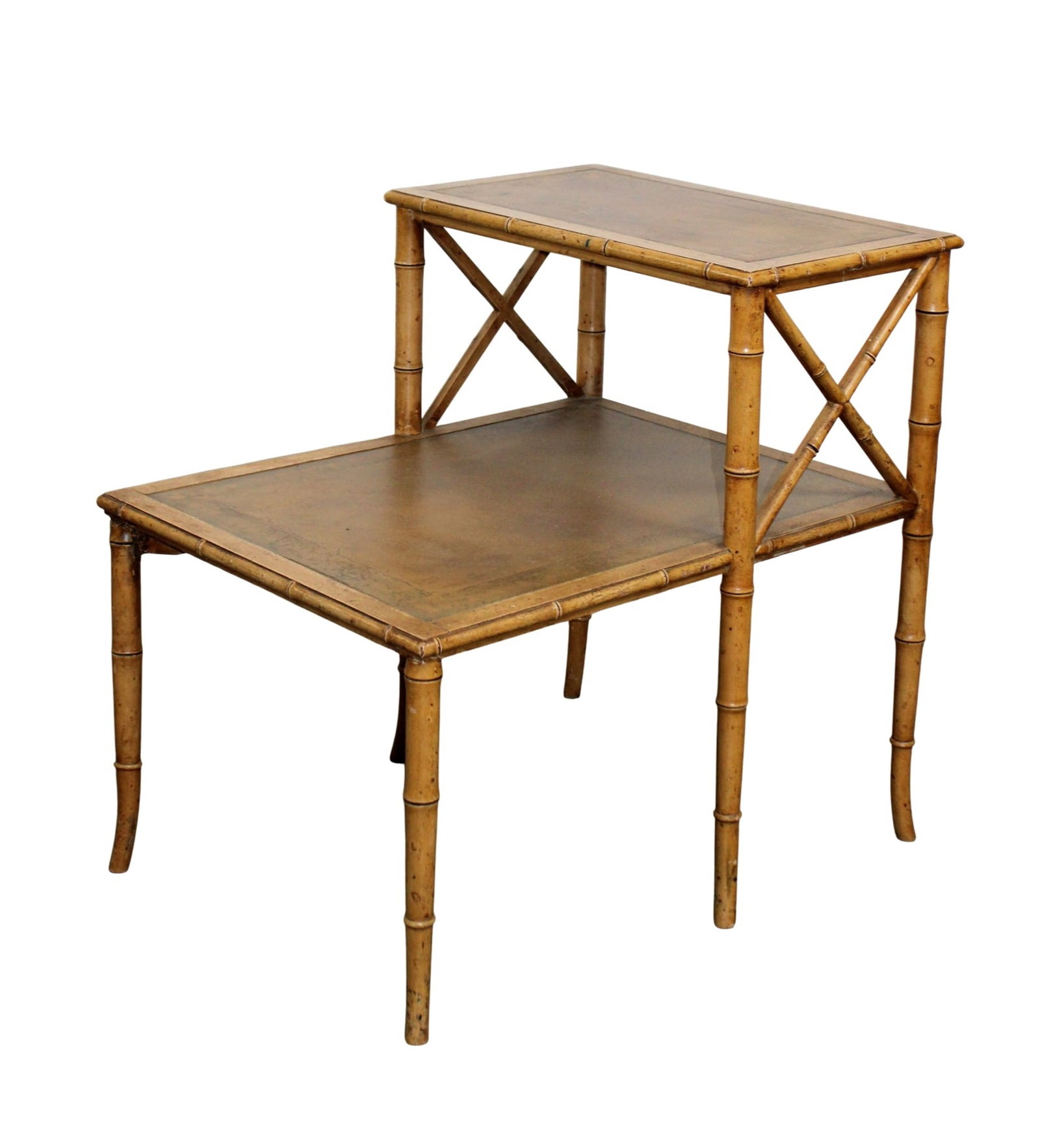 French faux bamboo tiered side table: French faux bamboo tiered side table with embossed leather top. 22 5/8"h x 17 1/2"w x 23 1/2"d