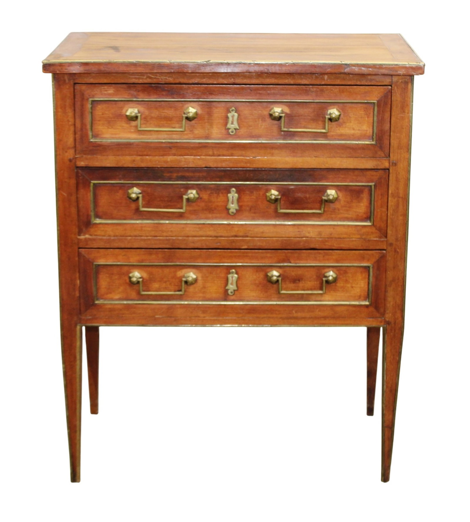 French petite Louis XVI 3 drawer commode in walnut with bronze banded drawers (1 of 9)