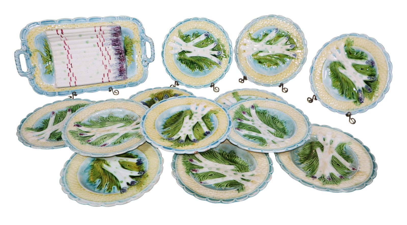 Set of 12 French Majolica asparagus plates and serving platter (1 of 13)