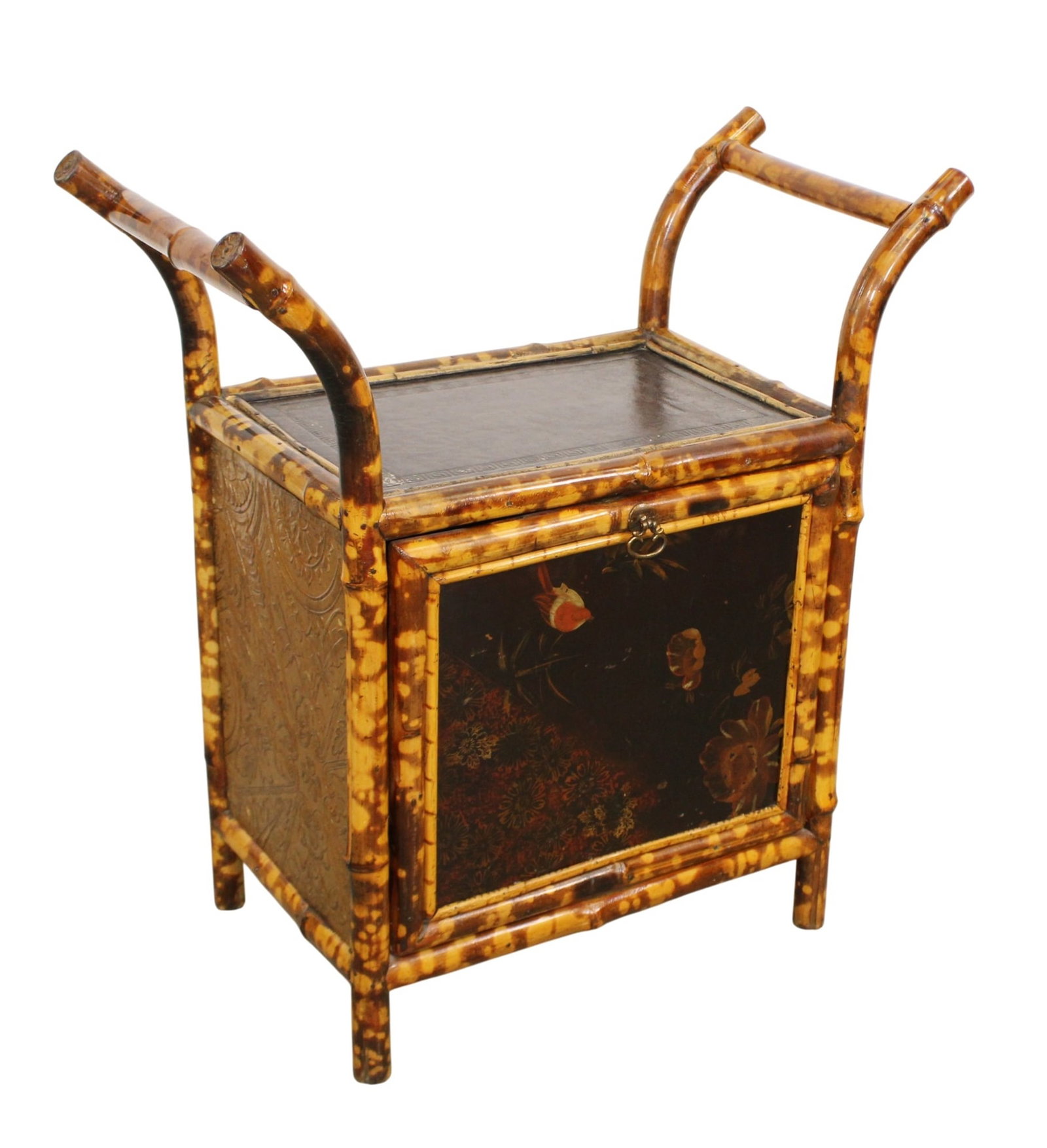 English burnt bamboo stool and magazine rack with tooled leather (1 of 12)