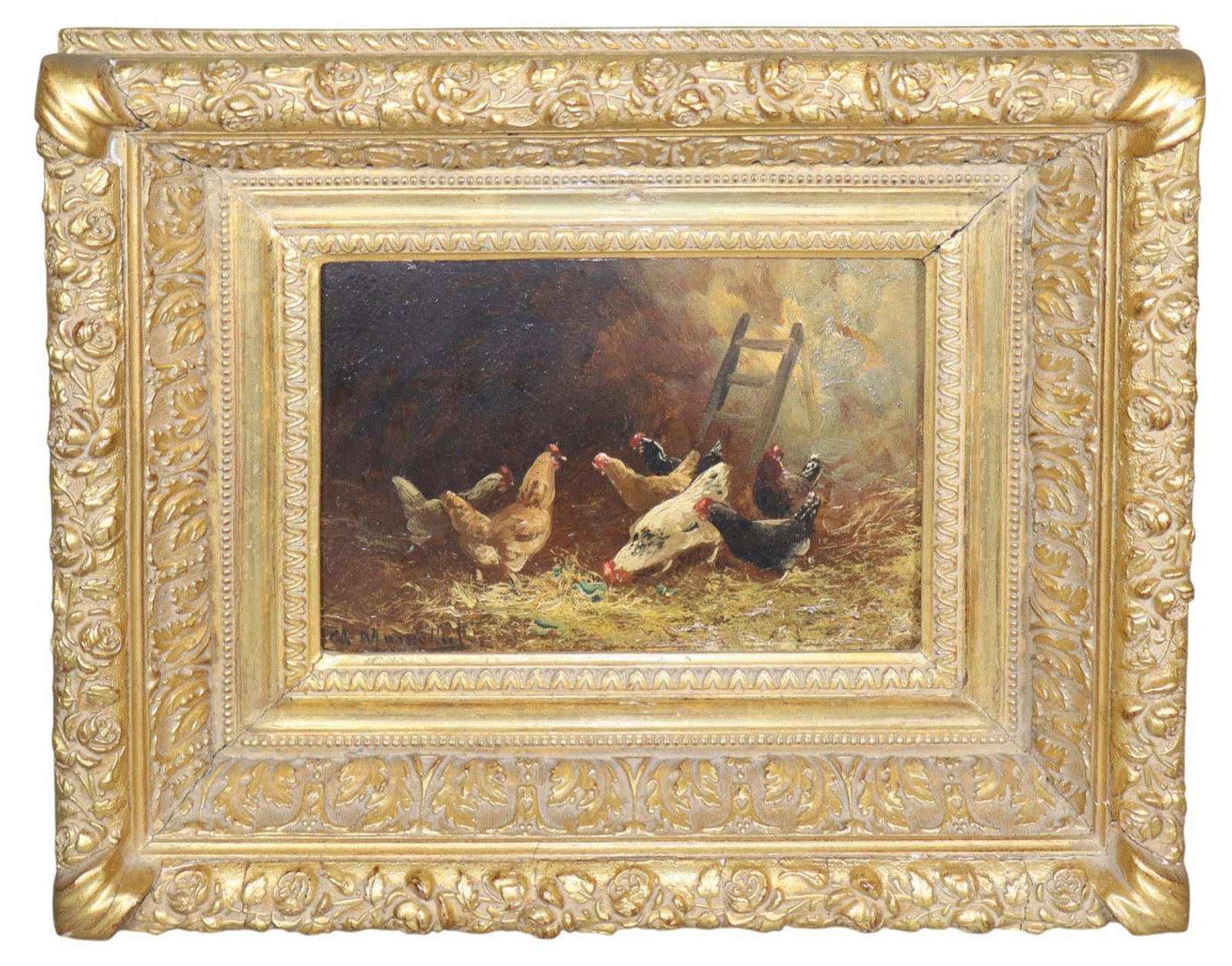 French Charles Marechal oil on canvas barnyard painting with chickens (1 of 10)