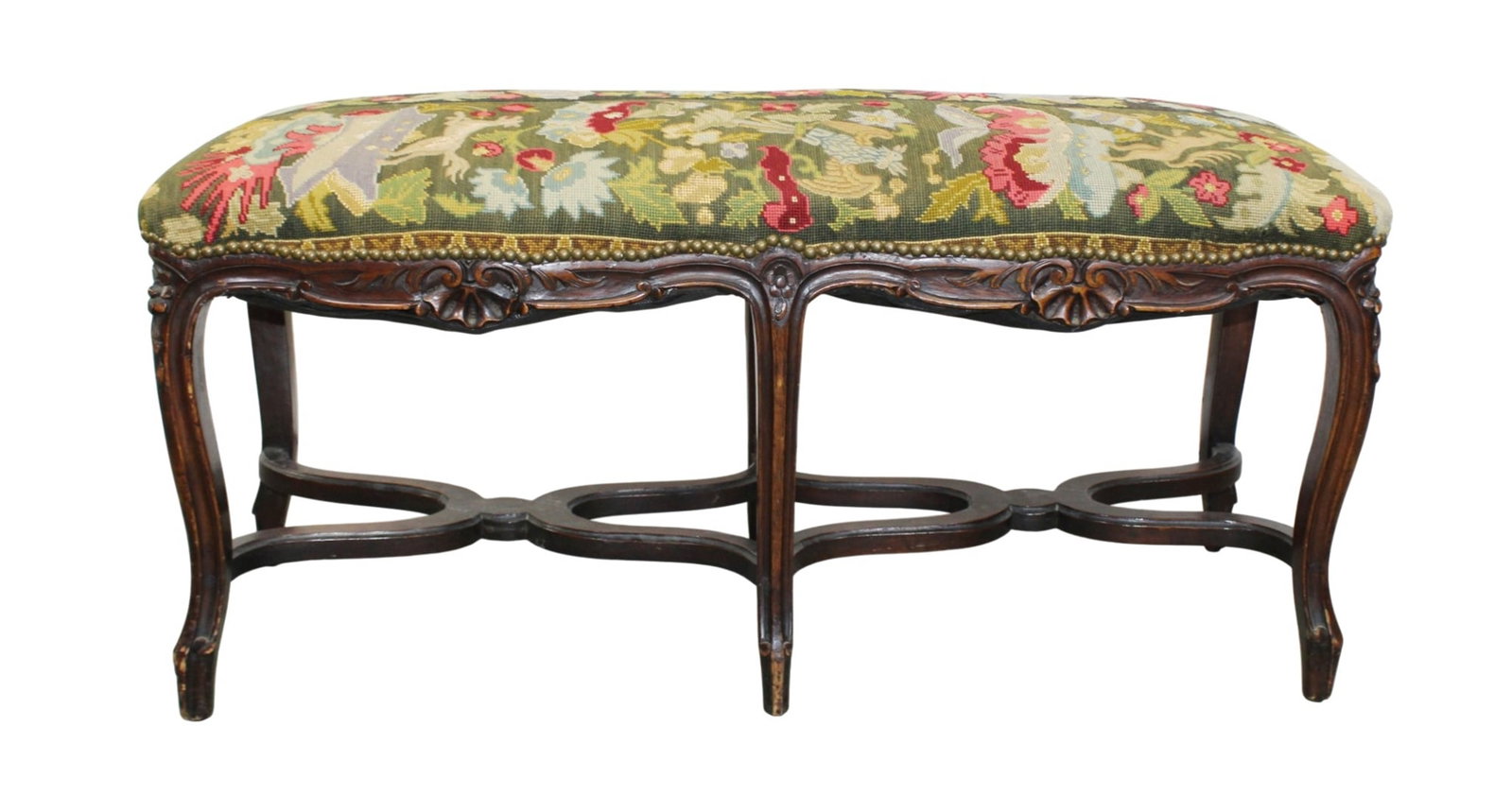 French Louis XV style carved walnut needlepoint upholstered bench (1 of 5)