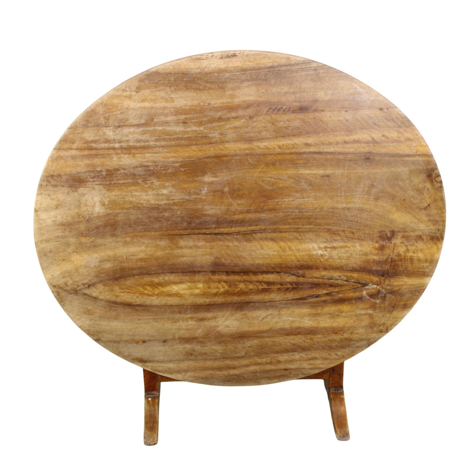French walnut and oak tilt top vintner's table: French walnut and oak tilt top vintner's table. Early 20th century. 27"h x 47 1/2"w x 42"d, vertical measurement is 46 1/2"h