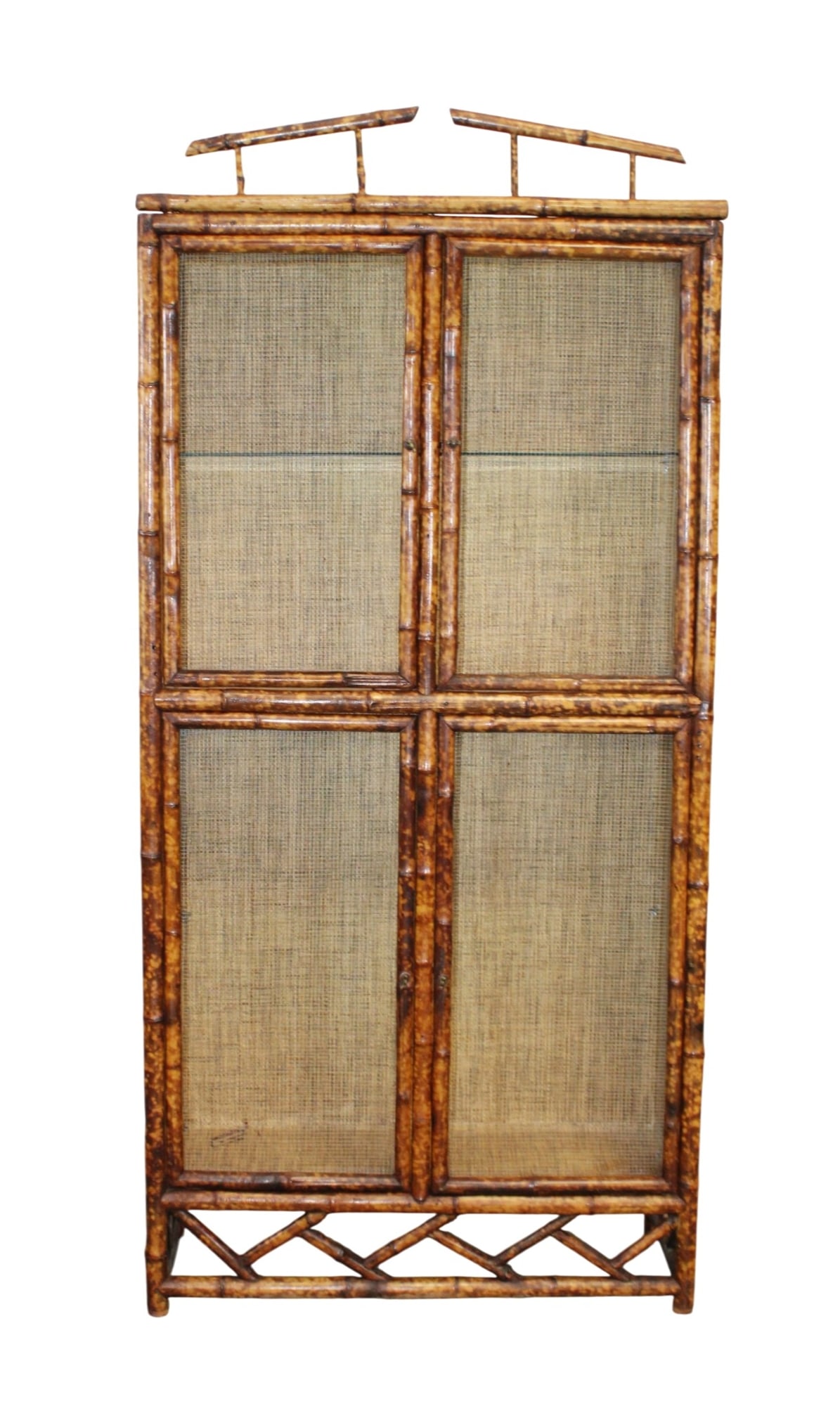 English burnt bamboo 4 door cabinet with wire doors: English burnt bamboo 4 door cabinet with woven rattan back and wire doors. 77"h x 36"w x 13 1/2"d