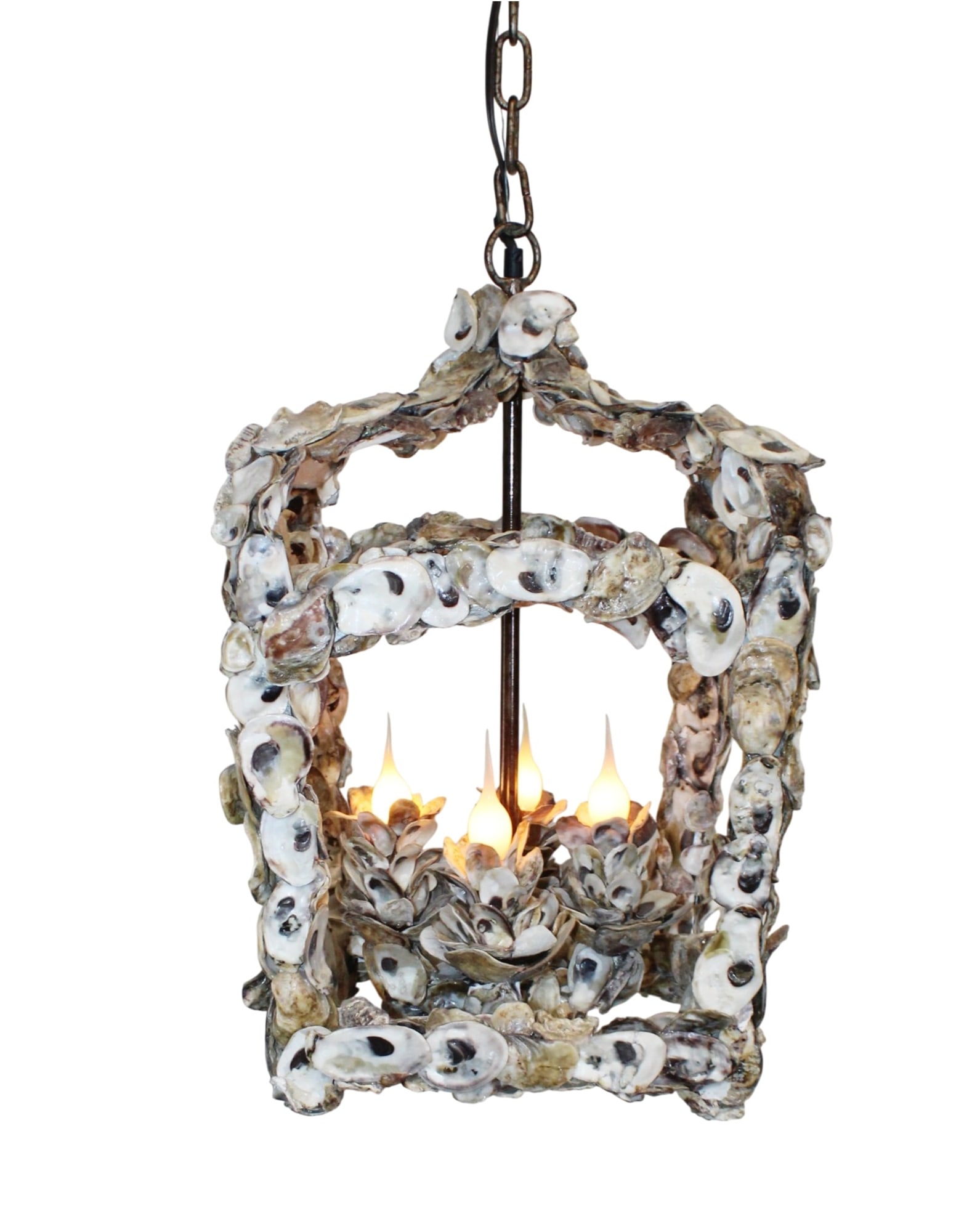 Solaria Inc Oyster shell encrusted lantern chandelier: Solaria Inc Oyster shell encrusted lantern chandelier 21"h x 15"sq