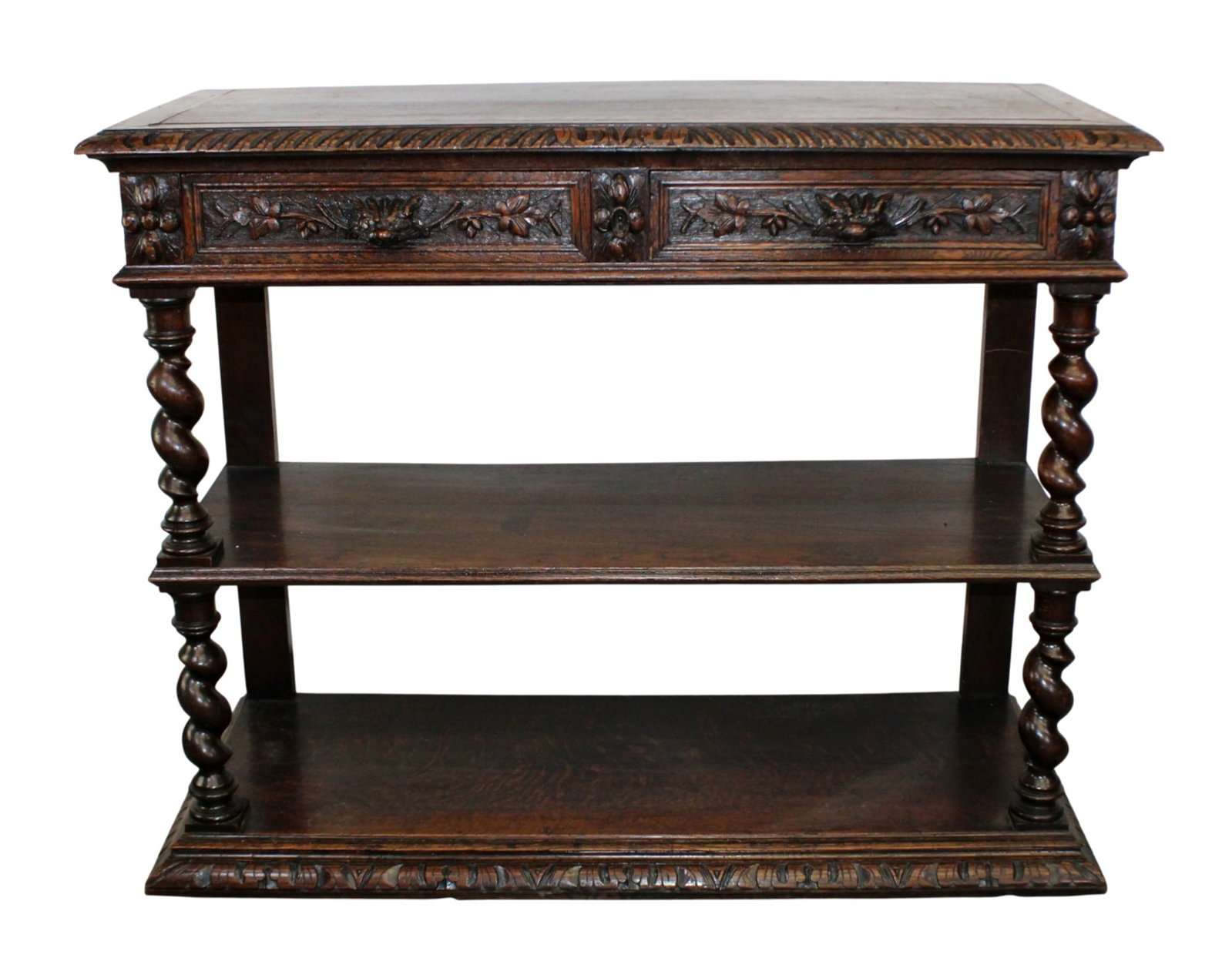 French Louis XIII tiered lift top server in oak: French Louis XIII tiered lift top server in oak with marble top and barley twist columns. Late 19th century. 38"h x 45 1/4"w x 17 5/8"d