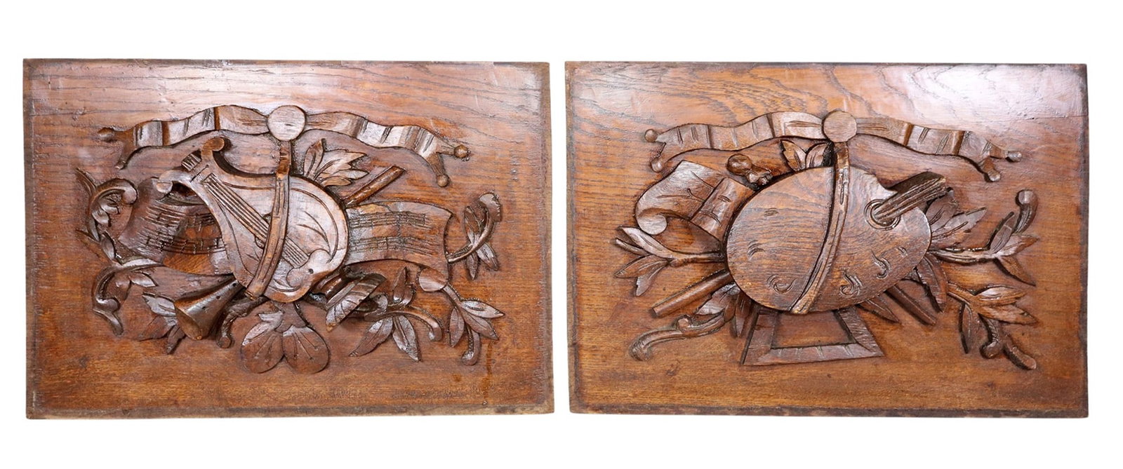 Pair of small French carved oak panels with art and music carvings (1 of 5)