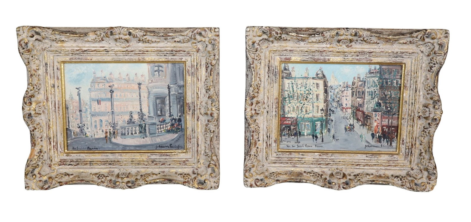Pair of Johannes Schiefer (1896-1979) oil on canvas paintings Paris street scenes: Pair of Johannes Schiefer (1896-1979) oil on canvas paintings Paris street scenes. Titled l/l and Signed l/r. Overall: 10 3/8"h x 12 3/4"w Sight: 5 3/4"h x 7 3/4"w. Weight: 4lbs total