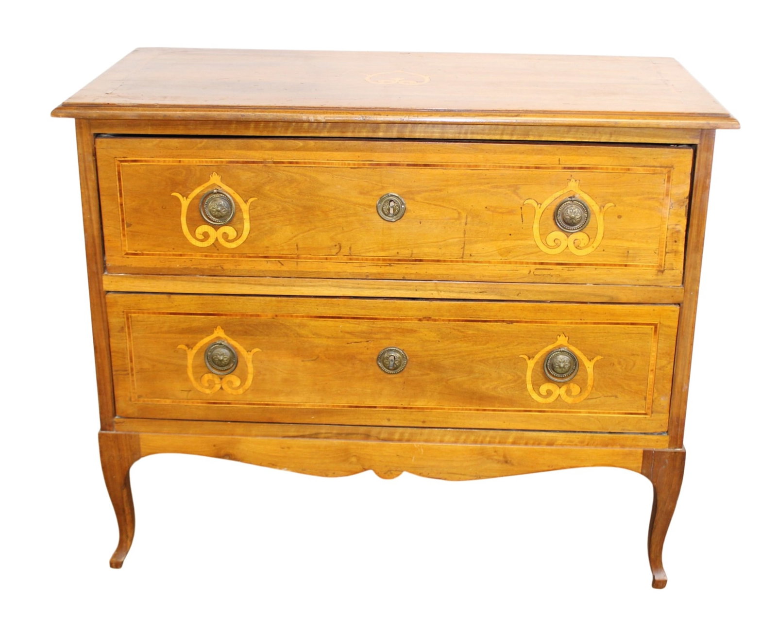 Italian 2 drawer marquetry chest: Italian 2 drawer marquetry chest. In walnut with inlays. 19th century. 34"h x 42"w x 20"d