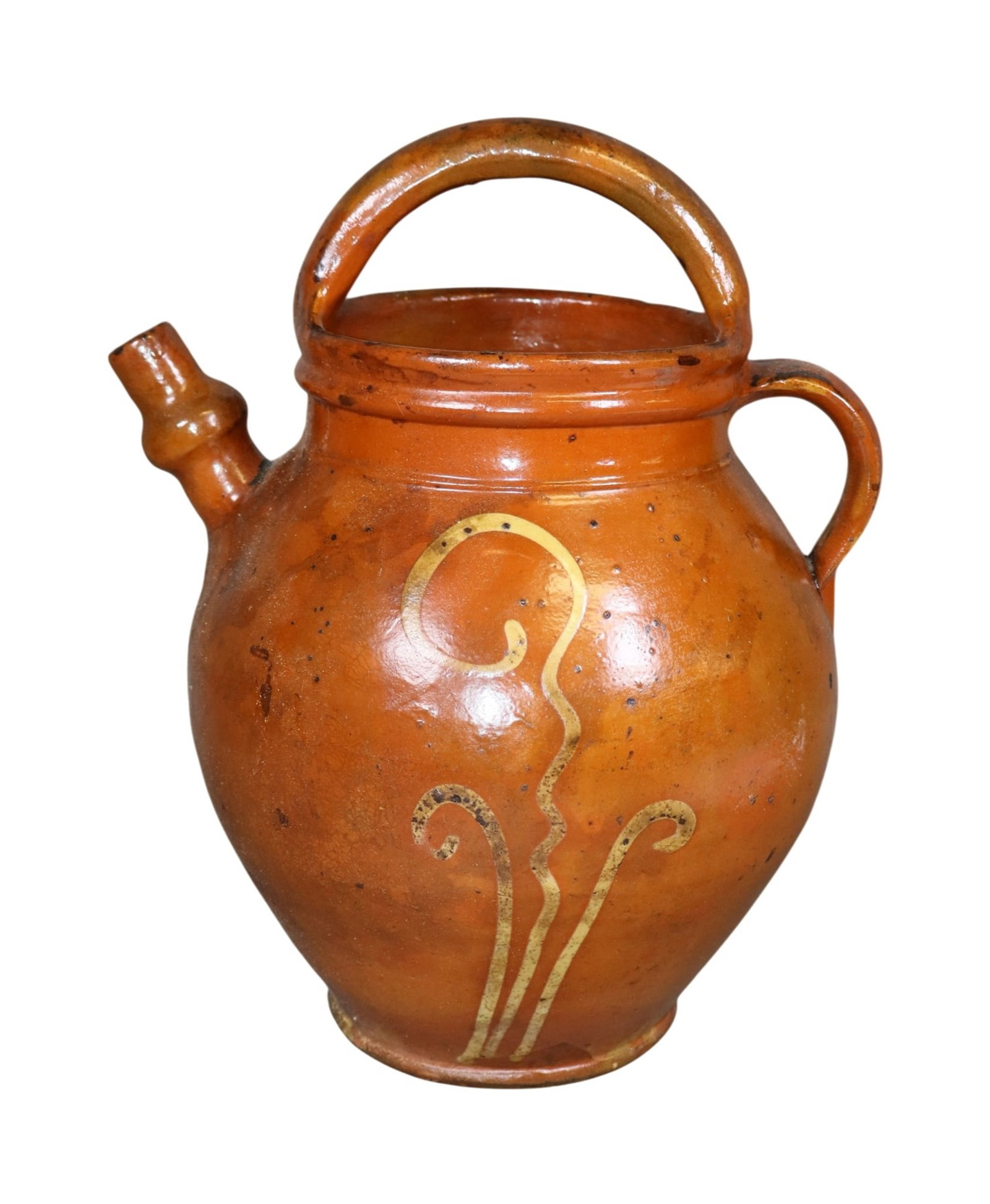 French Savoyard glazed terra cotta cruche pitcher: French Savoyard glazed terra cotta cruche pitcher. Late 19th century. 13 1/4"h x 10 1/2"w x 9 1/2"dia. Weight: 5lbs