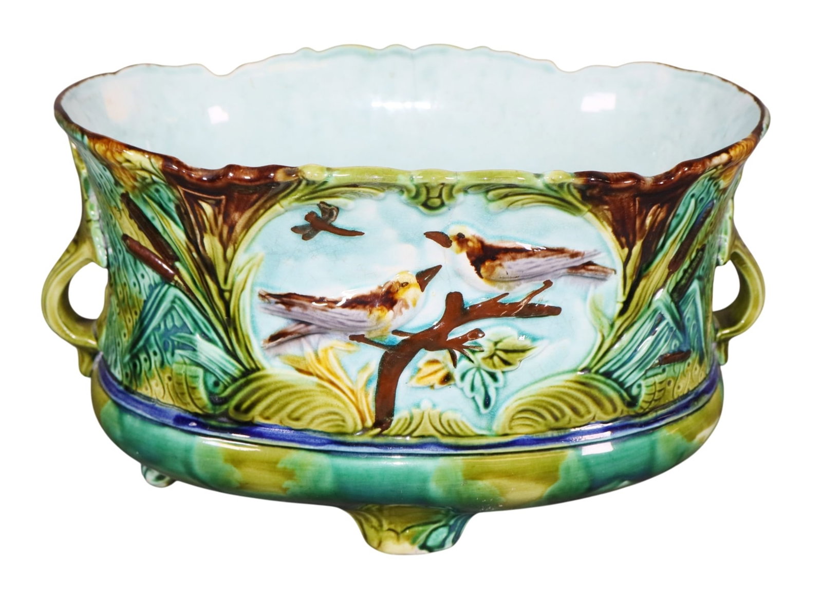 French Majolica barbotine cache pot with love birds: French Majolica barbotine cache pot with love birds. Early 20th century. 8 1/4"h x 14"w x 9"d. Weight:7lbs