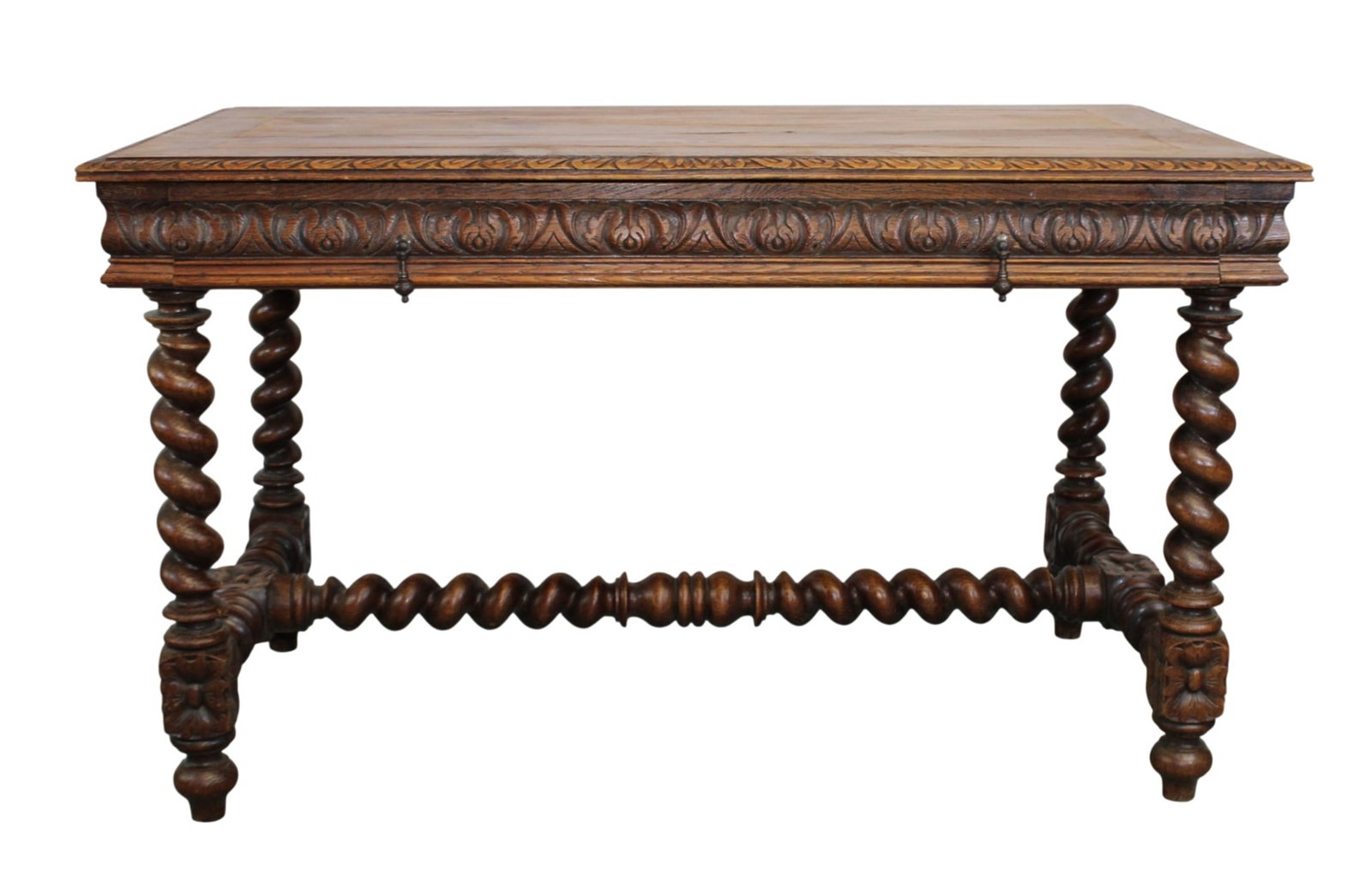 French Louis XIII bureau plat desk in oak: French Louis XIII bureau plat desk in oak. On barley twist legs with a single drawer. 19th century. 27 1/2"h x 47 1/4"w x 26 1/2"d