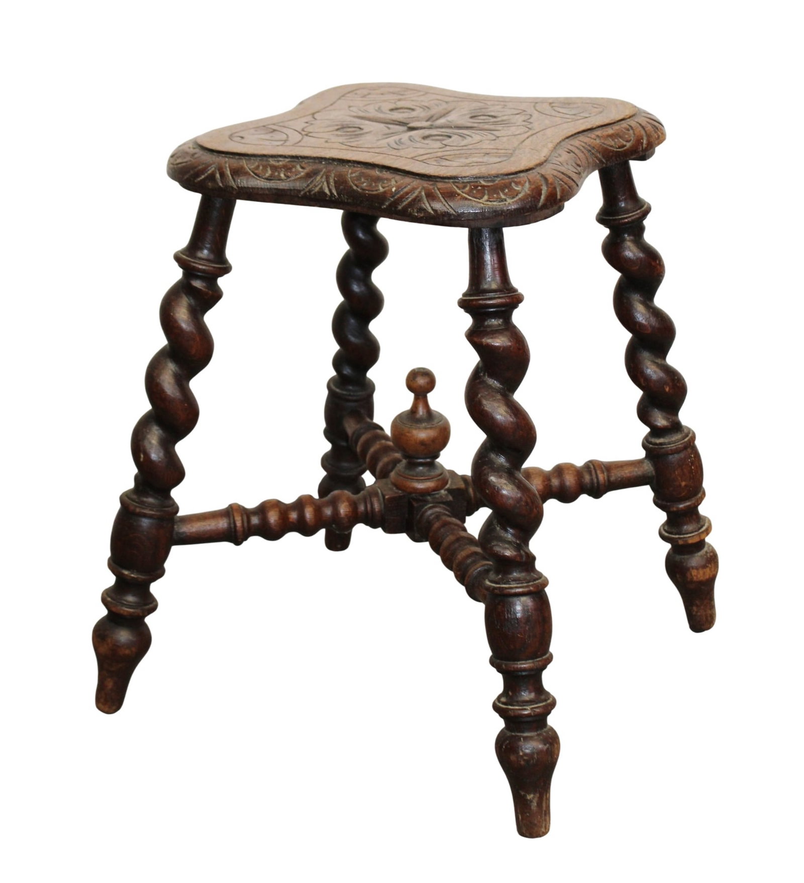 French barley twist oak stool with shaped top: French barley twist oak stool with shaped top. 18 1/2"h x 13"w x 12"d