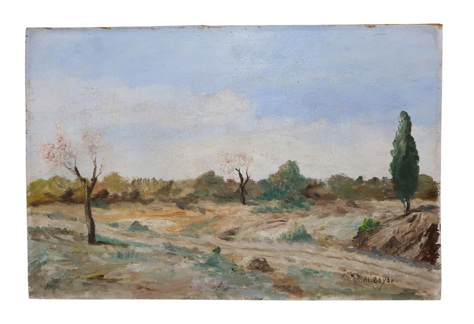 French unframed oil on board landscape painting "Amandiers dans la Garrigue": French unframed oil on board landscape painting "Amandiers dans la Garrigue." Signed and dated Al. Boyer 1966. 10 7/8"h x 16 1/8"w Weight: less than 1lb