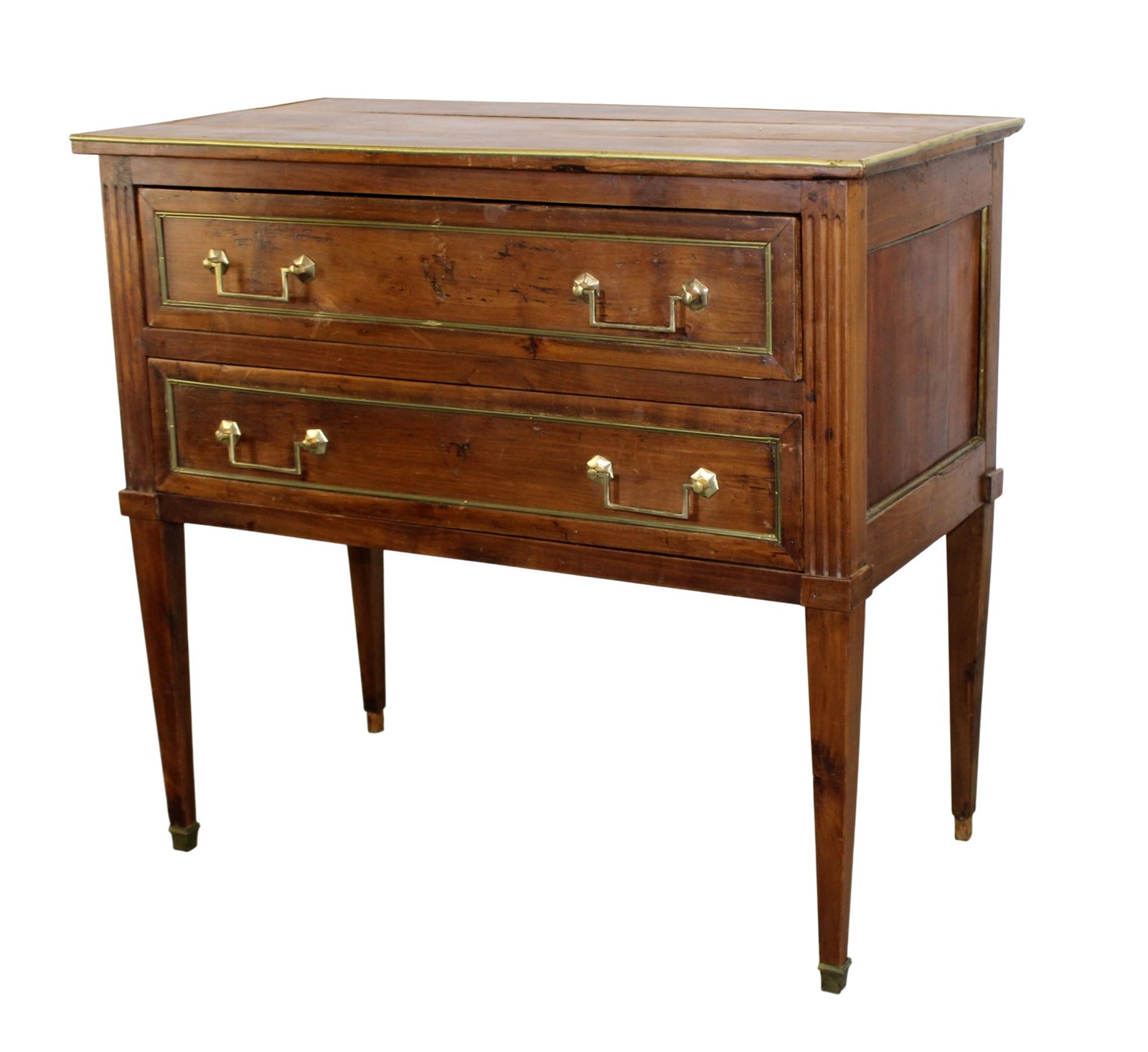 French Louis XVI 2 drawer sauteuse in walnut with bronze trim and reeded sides: French Louis XVI 2 drawer sauteuse in walnut with bronze trim and reeded sides. Late 19th century. 32"h x 34 3/4"w x 18 1/4"d
