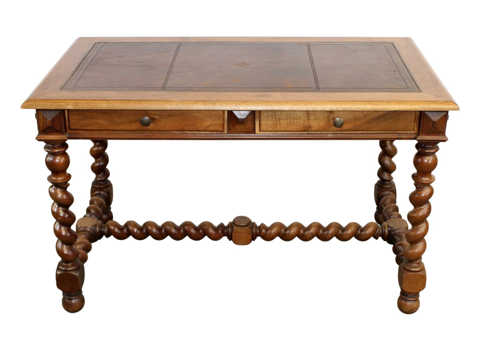 French bureau plat desk in walnut with tooled leather top: French bureau plat desk in walnut with tooled leather top. On barley twist legs with 2 drawers. Late 19th century. 28 1/4"h x 47 1/4"w x 27"d