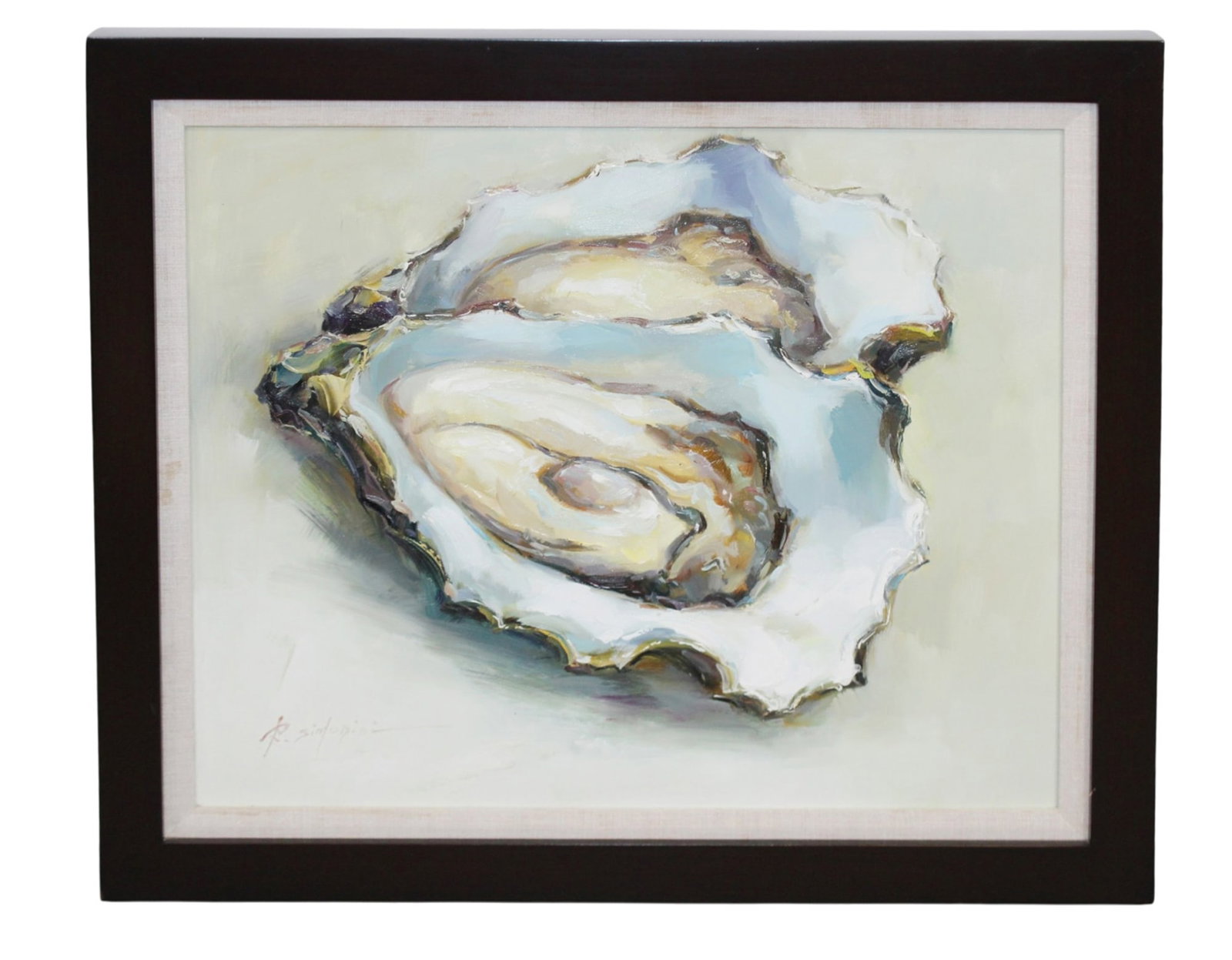 Ray Simonini oil on canvas painting oyster still life: Ray Simonini (1981 - ) oil on canvas painting oyster still life. Overall 25"h x 28 1/2"w, Sight size 20"h x 24"w.