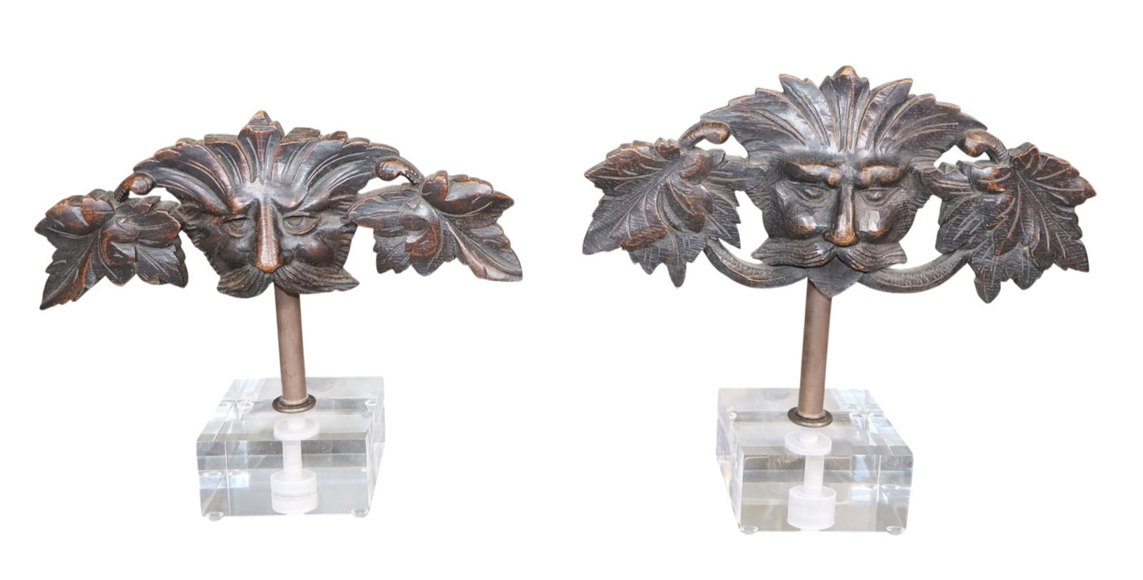 Companion pair of English carved oak architectural fragments with Green Man mounted on acrylic (1 of 7)